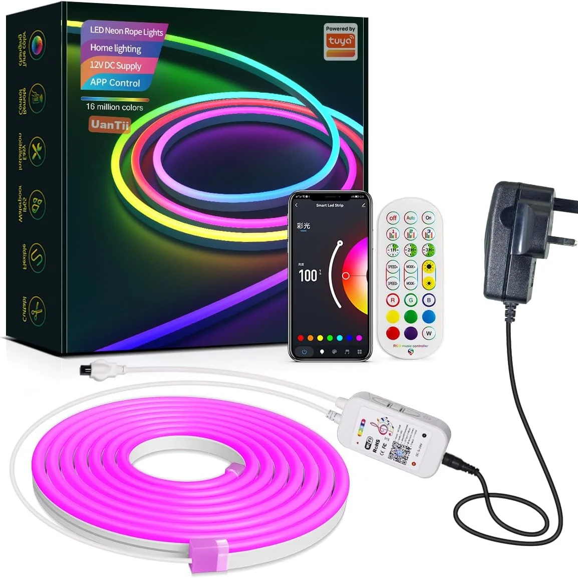 نوار نوری نئون DIY هوشمند UanTii Tuya Wifi RGB LED 7 رنگ، ضد آب، همگام سازی موسیقی، قابل برش، کار با برنامه Tuya Smart Life و الکسا گوگل هوم 2 متری