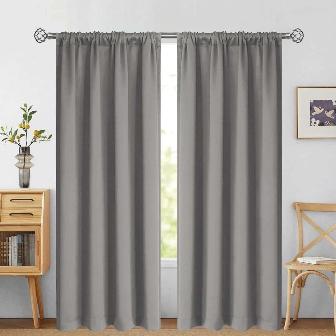 پرده های خاموشی Bonkaso برای اتاق خواب و اتاق نشیمن، پرده های حرارتی عایق تاریک کننده اتاق با جیب میله، پرده های مسدود کننده صدا و نور خورشید، مجموعه 2 پانل (182 طول x 106 عرض سانتی متر، خاکستری تیره)