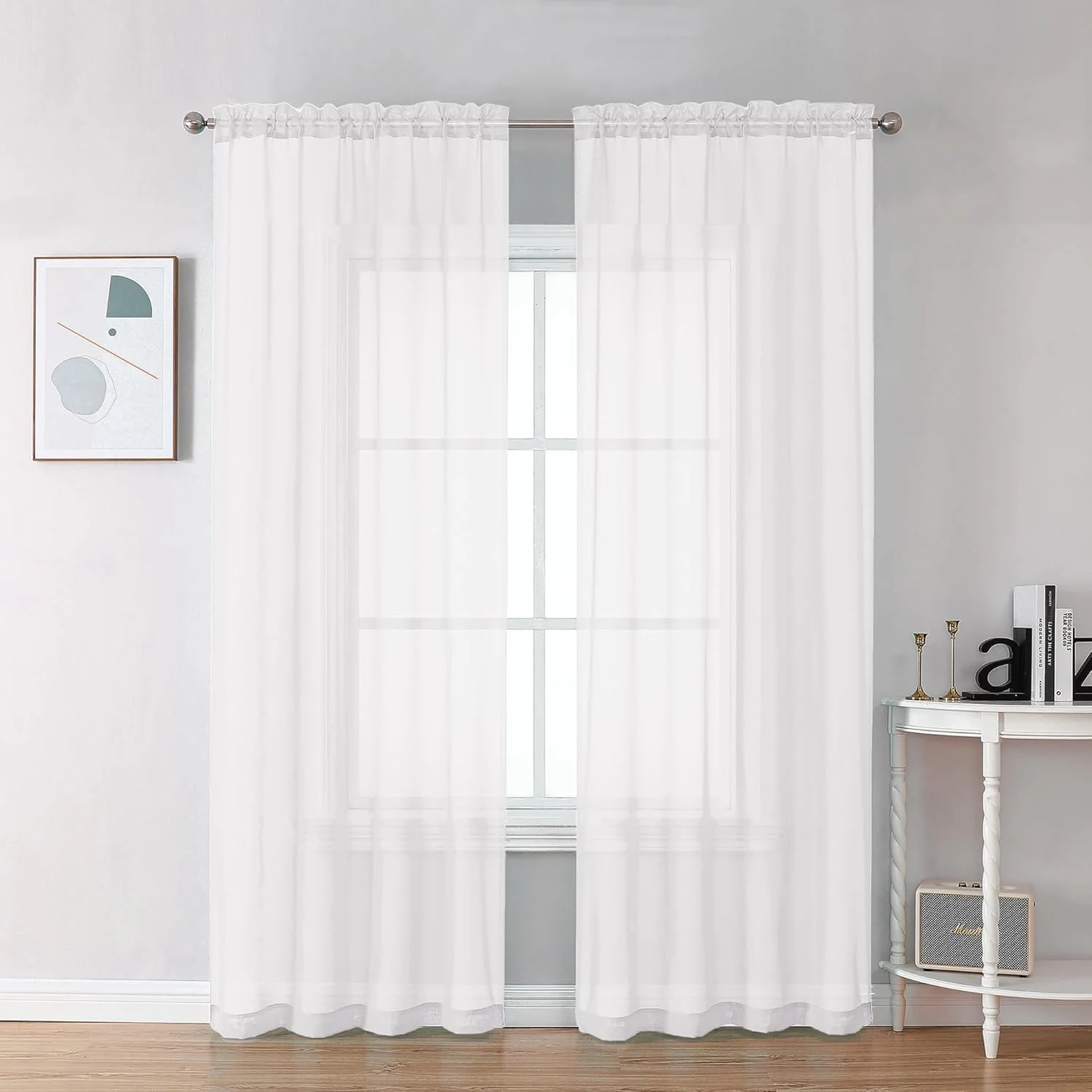 دو عدد پرده حریر سفید، عرض 132 سانتی متر در طول 213 سانتی متر، پرده های نیمه شفاف توری با جیب میله ای برای اتاق خواب، اتاق نشیمن، ناهار خوری، پس زمینه عروسی و مهمانی