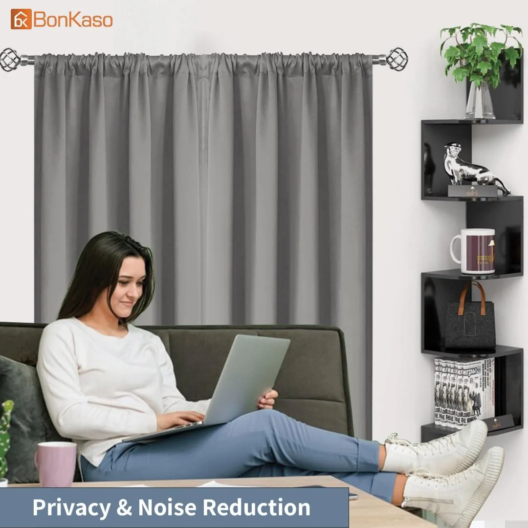 پرده های خاموشی Bonkaso برای اتاق خواب و اتاق نشیمن، پرده های حرارتی عایق تاریک کننده اتاق با جیب میله، پرده های مسدود کننده صدا و نور خورشید، مجموعه 2 پانل (182 طول x 106 عرض سانتی متر، خاکستری تیره)