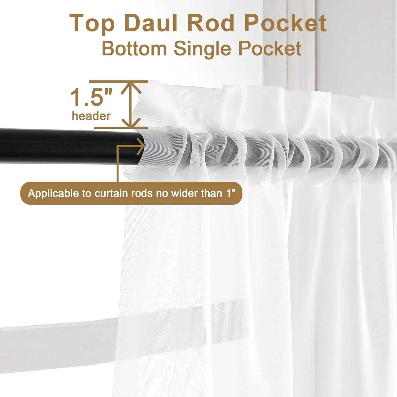 دو عدد پرده حریر سفید، عرض 132 سانتی متر در طول 213 سانتی متر، پرده های نیمه شفاف توری با جیب میله ای برای اتاق خواب، اتاق نشیمن، ناهار خوری، پس زمینه عروسی و مهمانی