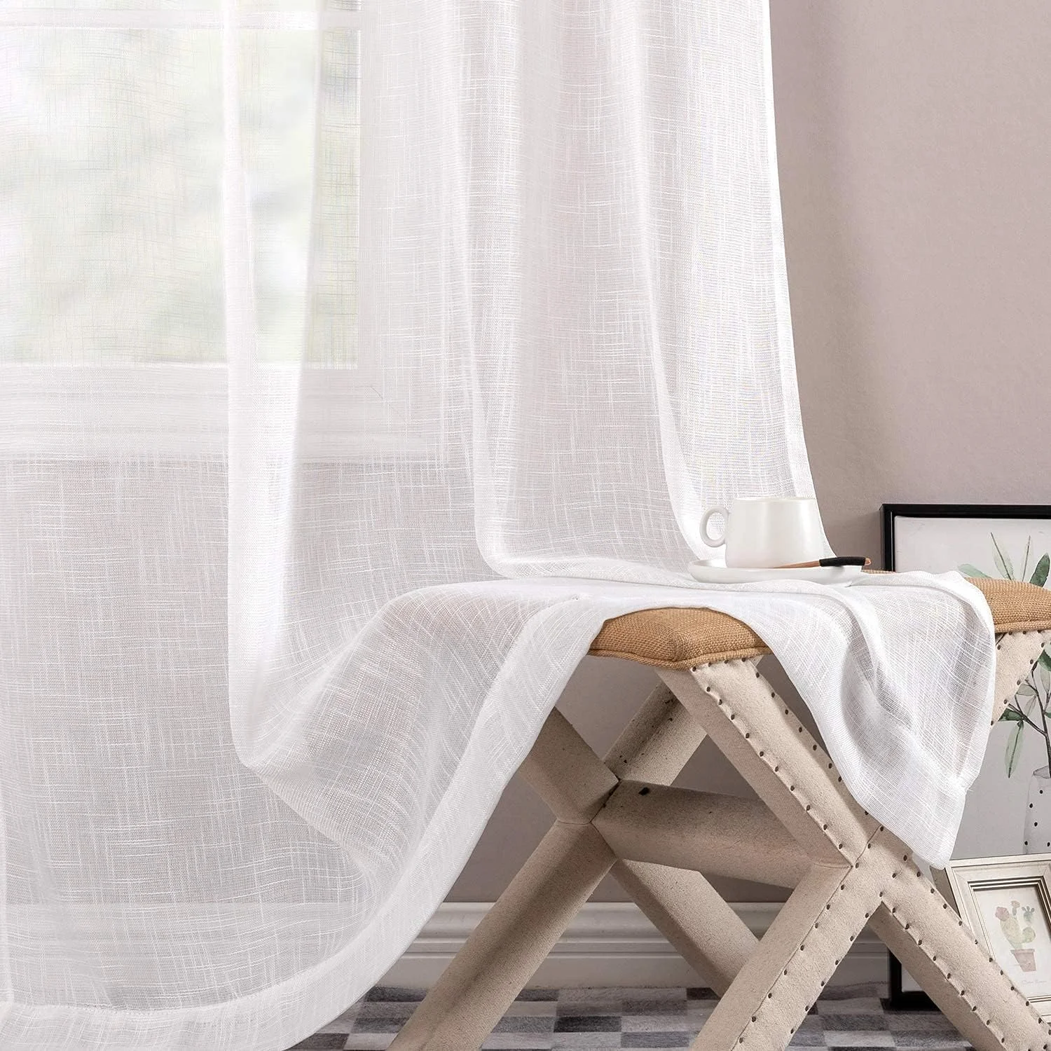 پرده های حریر سفید JINCHAN برای اتاق نشیمن، طول 213 سانتی متر، پرده های شیری رنگ با جیب میله ای و زبانه پشتی، پرده های کتان مصنوعی با بافت باز، پرده های توری سبک وزن، مجموعه پرده پنجره اتاق خواب، 2 عدد