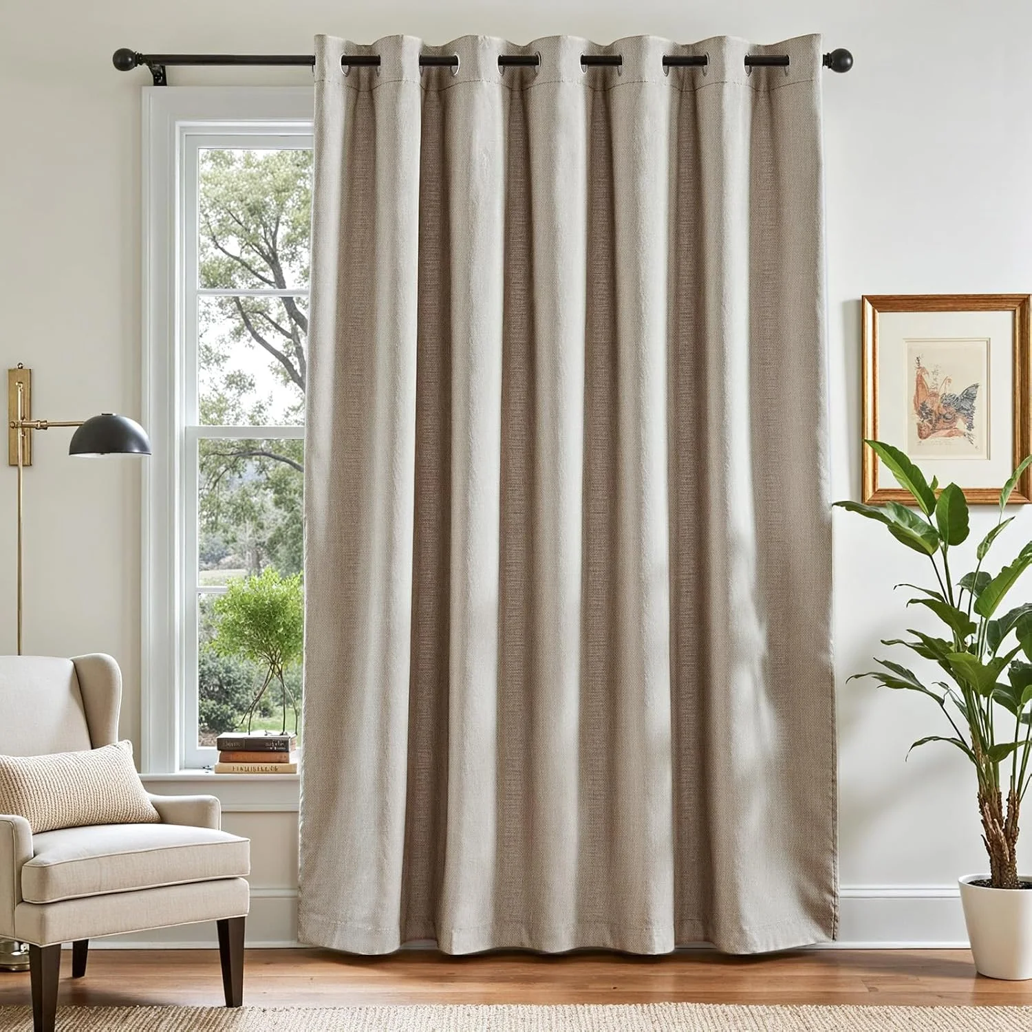 پرده های بافت دار JINCHAN برای اتاق خواب، تیره کننده اتاق، فوق العاده عریض برای اتاق، پرده های حرارتی اتاق نشیمن، بافت کتان نما، پرده های عایق حرارتی، پانچ شده، 1 عدد پنل 254x213 سانتی متر، بژ مایل به خاکستری