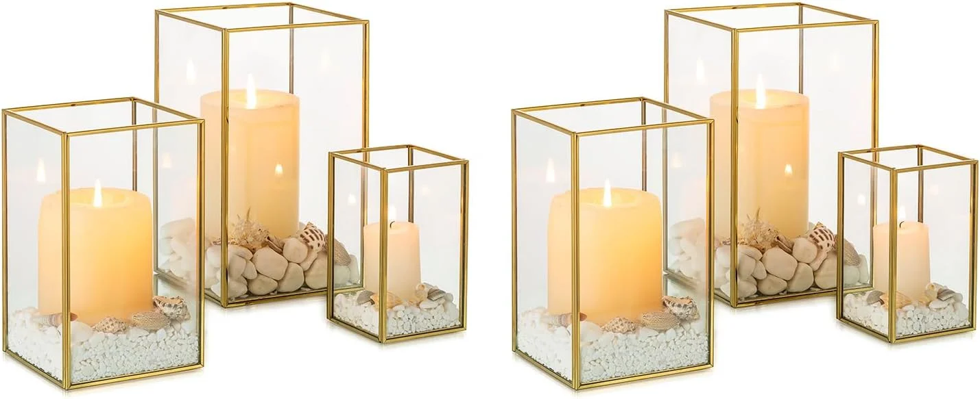 جاشمعی شیشه ای گردباد NUPTIO – 6 عدد فانوس طلایی شیشه ای مقاوم برای شمع مجموعه دکوری مربع شکل مناسب فضای باز عروسی کریسمس هالووین تزئینات اتاق نشیمن میز شومینه