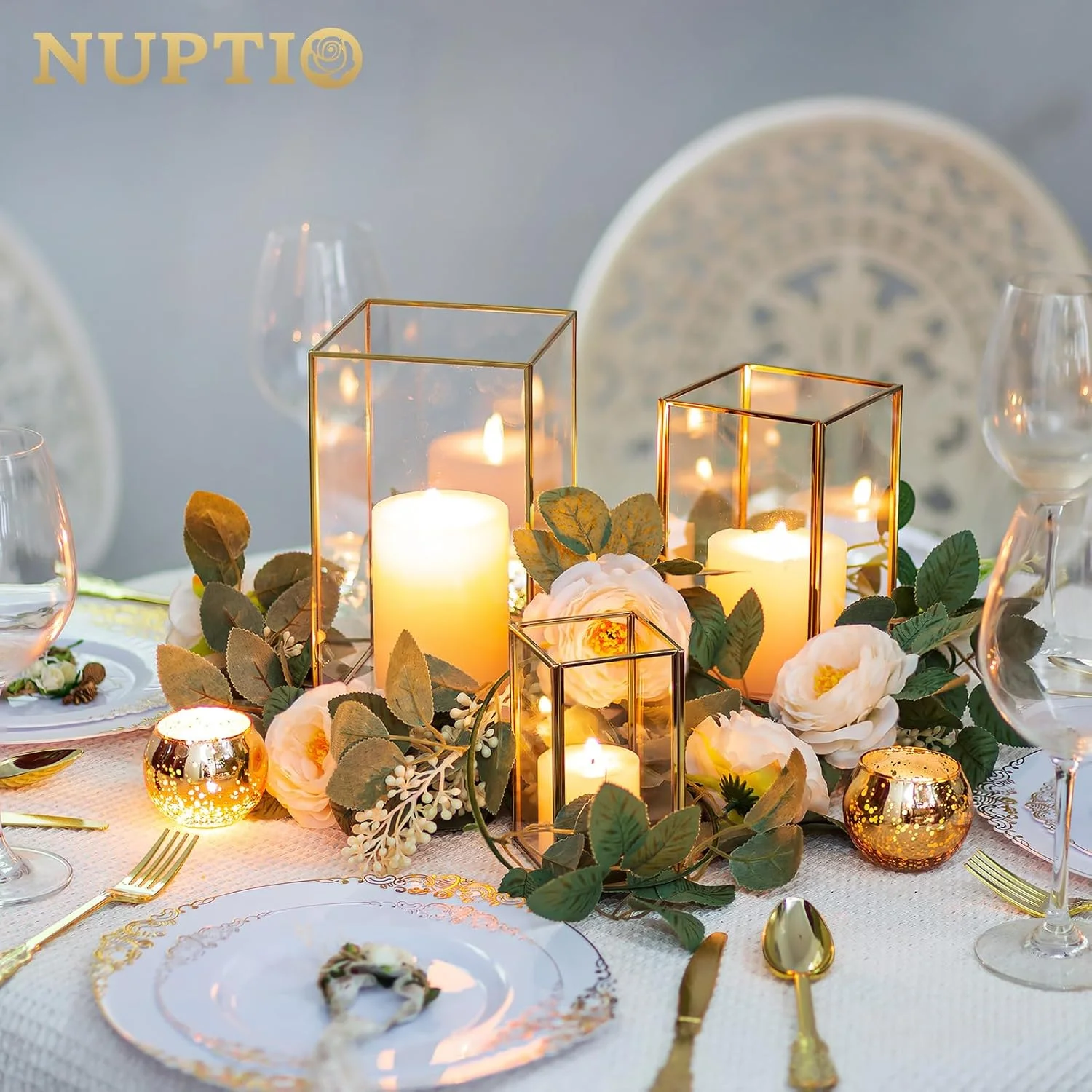 جاشمعی شیشه ای گردباد NUPTIO – 6 عدد فانوس طلایی شیشه ای مقاوم برای شمع مجموعه دکوری مربع شکل مناسب فضای باز عروسی کریسمس هالووین تزئینات اتاق نشیمن میز شومینه