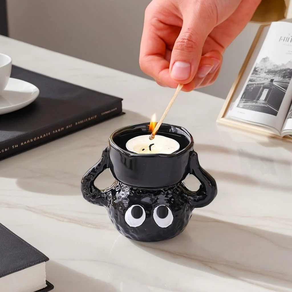 جاشمعی سرامیکی، جاشمعی کوچک دست ساز سیاه و سفید با الهام از انیمه زیبا برای دکوراسیون منزل، هدیه کاوایی برای طرفداران و کلکسیونرها