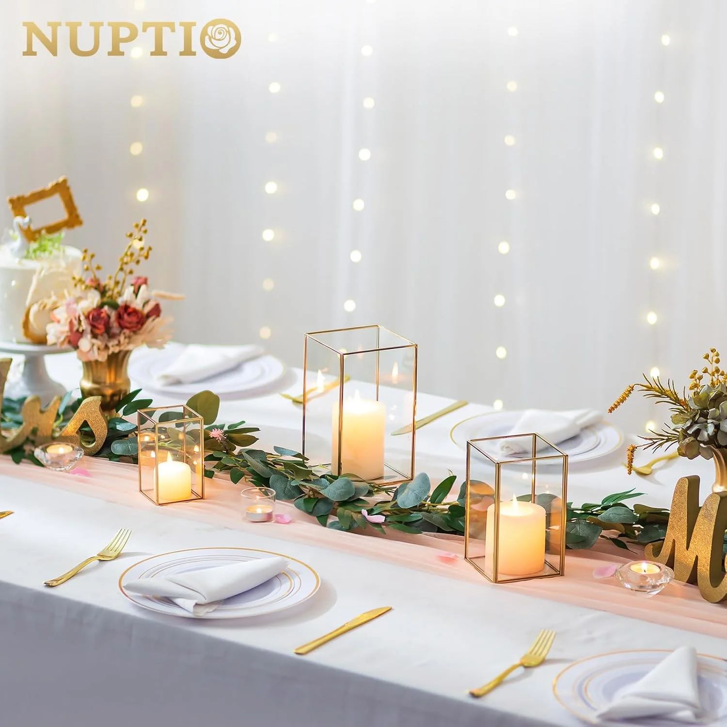 جاشمعی شیشه ای گردباد NUPTIO – 6 عدد فانوس طلایی شیشه ای مقاوم برای شمع مجموعه دکوری مربع شکل مناسب فضای باز عروسی کریسمس هالووین تزئینات اتاق نشیمن میز شومینه