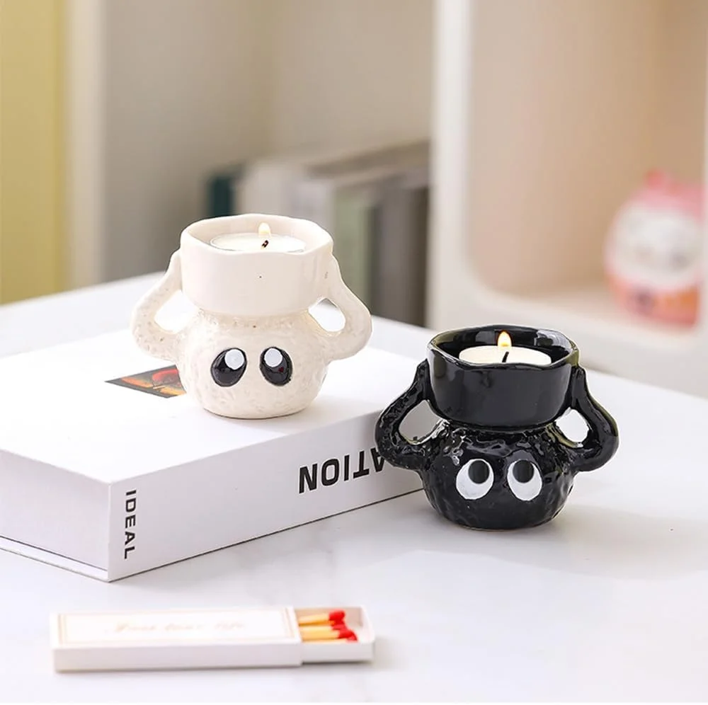 جاشمعی سرامیکی، جاشمعی کوچک دست ساز سیاه و سفید با الهام از انیمه زیبا برای دکوراسیون منزل، هدیه کاوایی برای طرفداران و کلکسیونرها