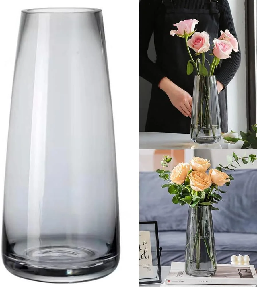 گلدان شیشه ای مدرن، شیشه شفاف رنگین کمانی برای دکوراسیون منزل و دفتر (کریستال خاکستری)