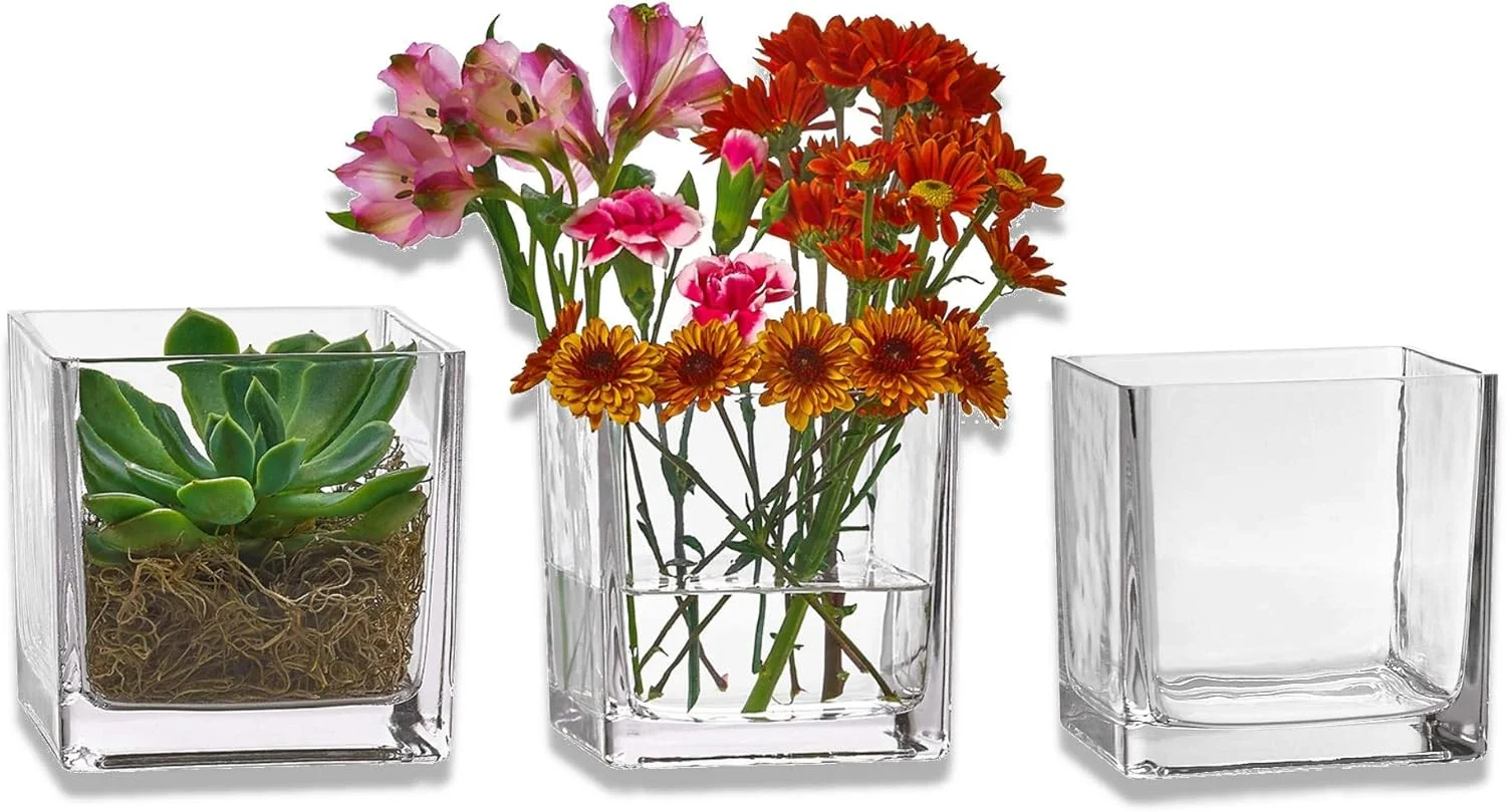 ست ۳ عددی گلدان شیشه‌ای مربعی پارنو، ابعاد ۵ × ۵ اینچ – گلدان مکعبی شفاف، مناسب برای دسته گل و جا شمعی – ایده‌آل برای تزئین میز عروس و دکوراسیون منزل