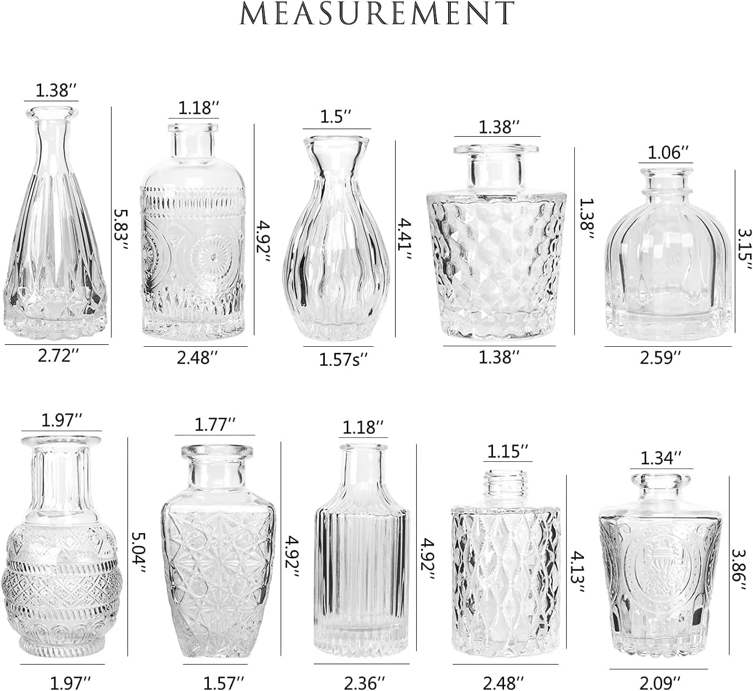 ست گلدان شیشه ای کوچک، 10 عددی - گلدان های کوچک برای گل، گلدان های شیشه ای شفاف به صورت عمده، گلدان های شیشه ای زیبا برای تزیین میز، گلدان مینیاتوری قدیمی برای تزیینات عروسی روستایی، دکور گل میز خانه