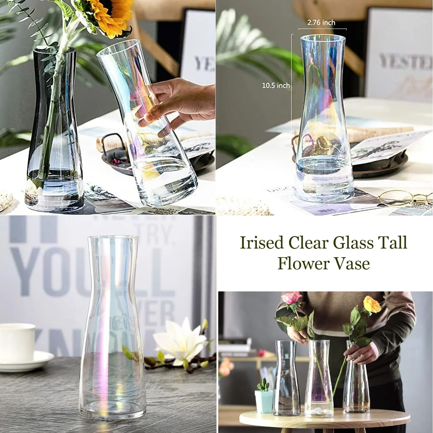 گلدان شیشه ای بلند رنگین کمانی SYOSI، گلدان های شیشه ای بزرگ با ته ضخیم برای دکوراسیون گل، گلدان تزئینی شیشه ای بزرگ 10 اینچی برای اتاق نشیمن، آشپزخانه، دفتر، خانه، عروسی (رنگین کمانی شفاف)