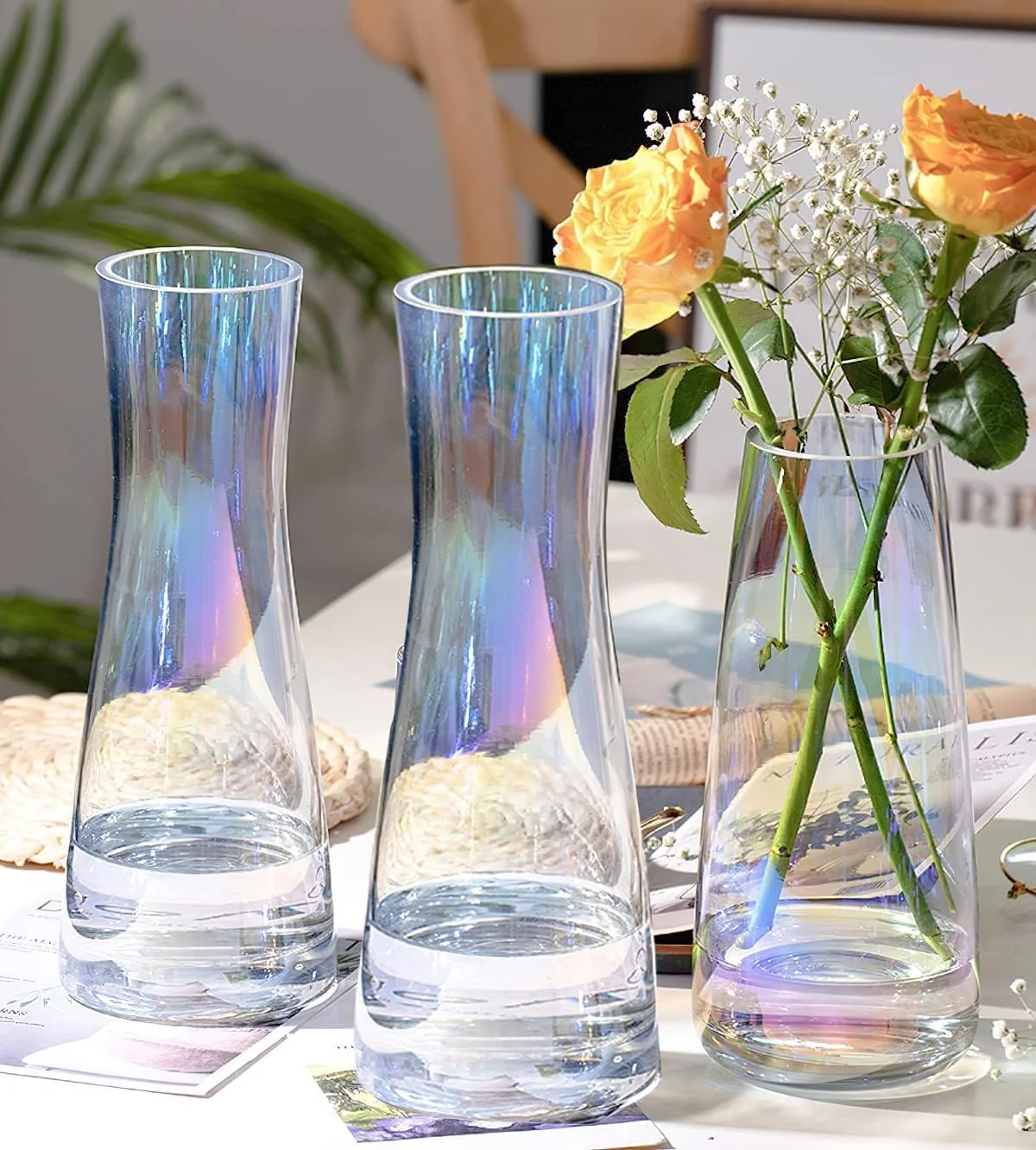 گلدان شیشه ای بلند رنگین کمانی SYOSI، گلدان های شیشه ای بزرگ با ته ضخیم برای دکوراسیون گل، گلدان تزئینی شیشه ای بزرگ 10 اینچی برای اتاق نشیمن، آشپزخانه، دفتر، خانه، عروسی (رنگین کمانی شفاف)