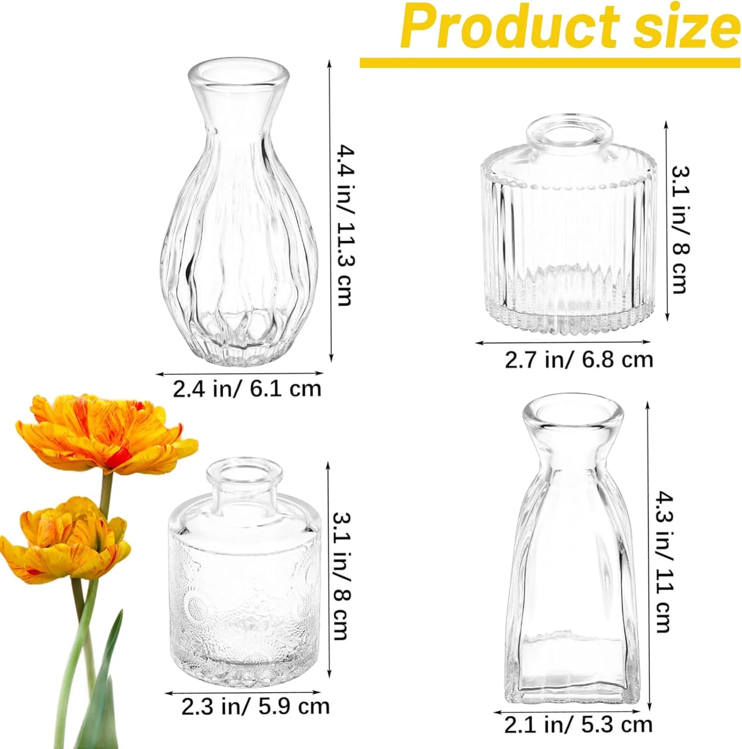 ست ۴ عددی گلدان شیشه ای اسپنور، گلدان های کوچک برای تزیین میز، گلدان های مینیاتوری شفاف با طرح برجسته، سفید کریستالی، ۶.۱ سانتی متر، طرح غنچه، سبک قدیمی، دکور اتاق خواب