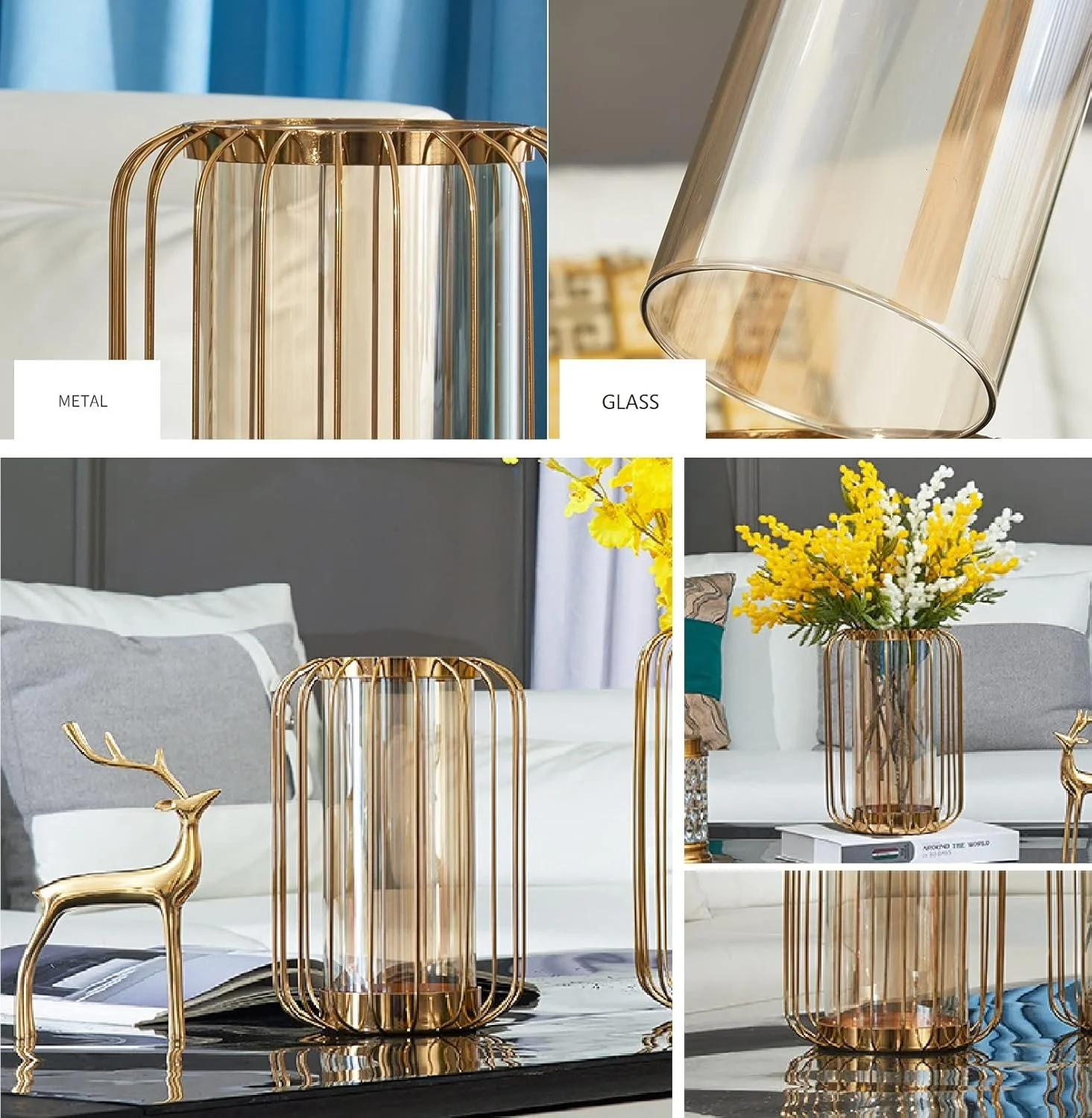 گلدان شیشه ای TAPIT با پایه فلزی، گلدان تزئینی هندسی طلایی مدرن، برای گل های مصنوعی، گیاهان هیدروپونیک برای میز، خانه، دفتر، عروسی، دکوراسیون مهمانی تعطیلات، هدیه (بزرگ)