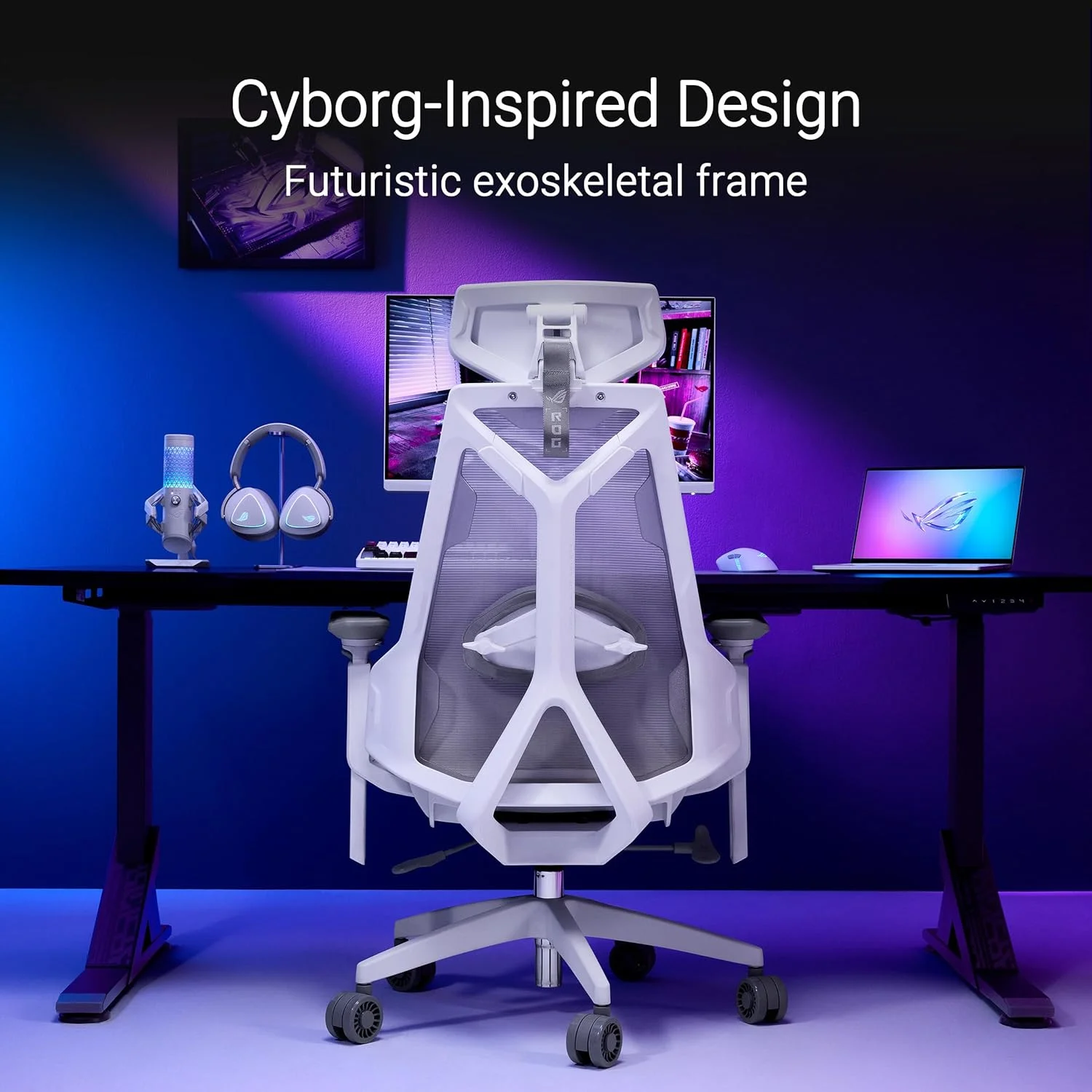 صندلی گیمینگ ارگونومیک ایسوس ROG Destrier Core: طراحی الهام گرفته از سایبورگ، مکانیزم Synchro-Tilt، تنظیم سه بعدی با چرخش 360 درجه، 3 زاویه شیب با قفل شیب، بالابر گازی کلاس 4 - سفید مهتابی