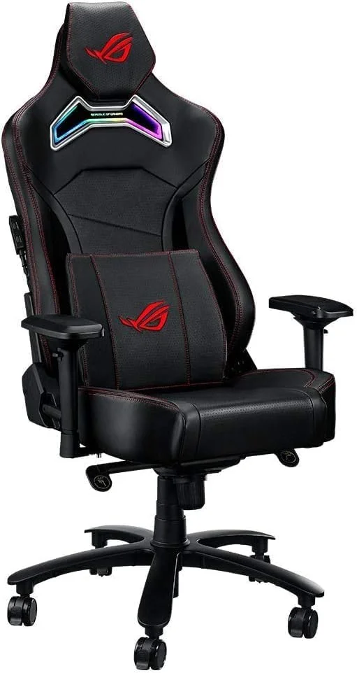 صندلی گیمینگ ایسوس ROG SL300C ROG Chariot RGB با پشتیبانی کمری مموری فوم، دسته های قابل تنظیم 4D، پشتی قابل تنظیم، جنس چرم مصنوعی تنفسی، چرخ های PU بادوام، نورپردازی یکپارچه Aura RGB
