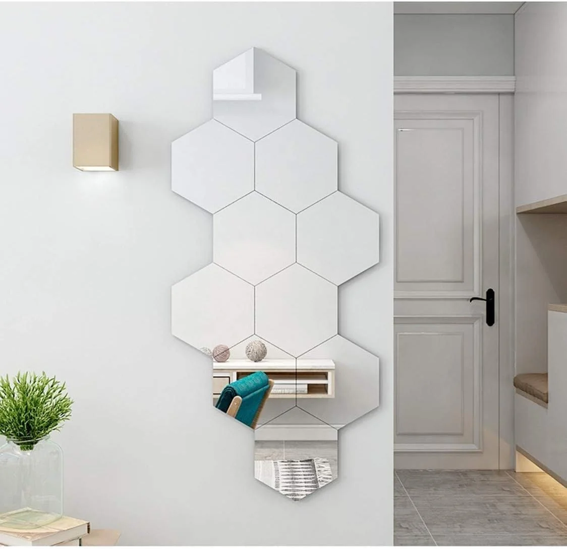 آینه شیشه ای HD بدون قاب، بسته 10 عددی، 21CM×18CM، آینه شش ضلعی، آینه دیواری، دیوار پس زمینه، آینه تزئینی، آینه میز آرایش