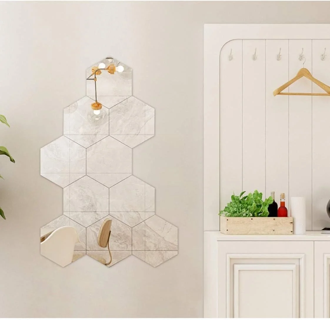 آینه شیشه ای HD بدون قاب، بسته 10 عددی، 21CM×18CM، آینه شش ضلعی، آینه دیواری، دیوار پس زمینه، آینه تزئینی، آینه میز آرایش