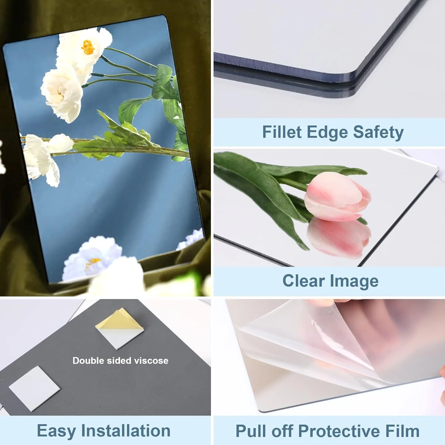 آینه های کاشی خود چسب Augshy بسته 4 عددی 15x23 سانتی متر، آینه های انعطاف پذیر خود چسب، غیر شیشه ای، دکوراسیون دیواری اکریلیک DIY، آینه تزئینی، آینه دیواری بدون قاب