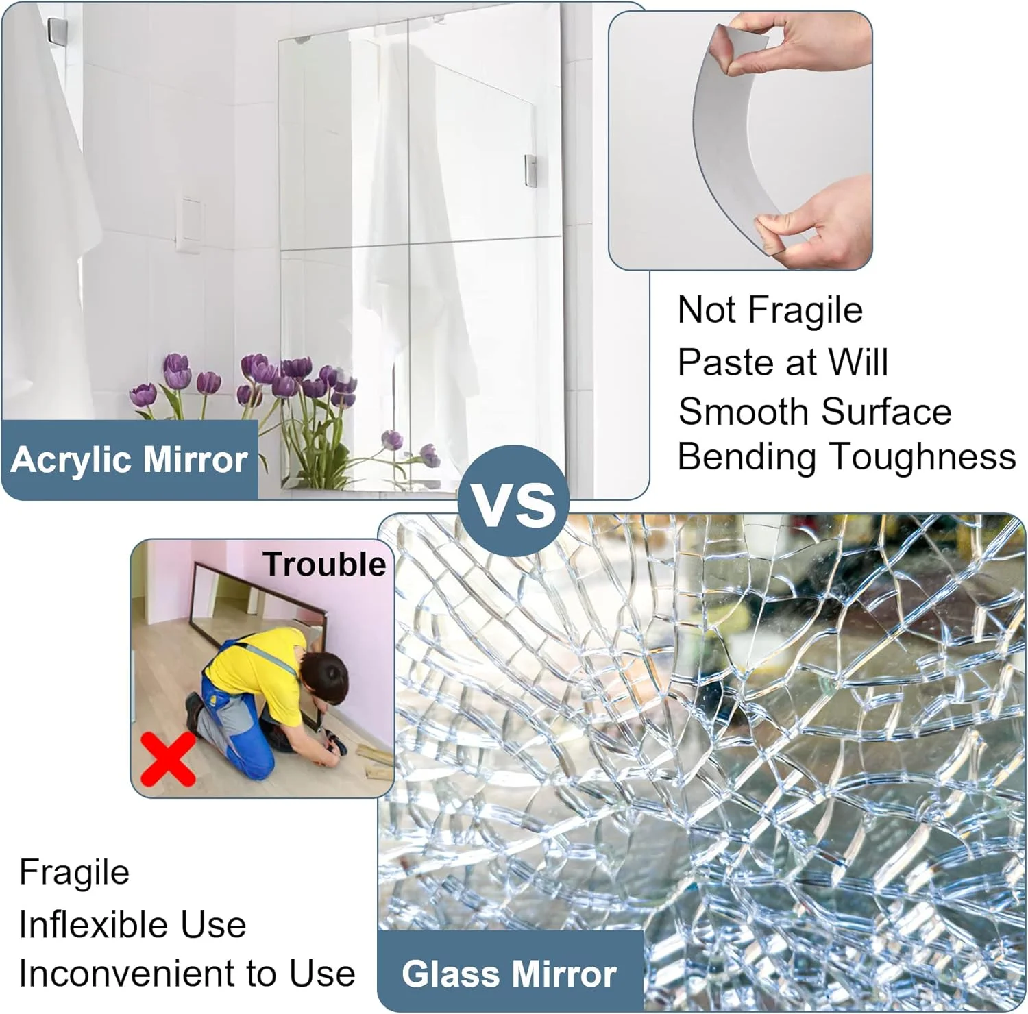 آینه های کاشی خود چسب Augshy بسته 4 عددی 15x23 سانتی متر، آینه های انعطاف پذیر خود چسب، غیر شیشه ای، دکوراسیون دیوار اکریلیک DIY، آینه تزئینی، آینه دیواری بدون قاب