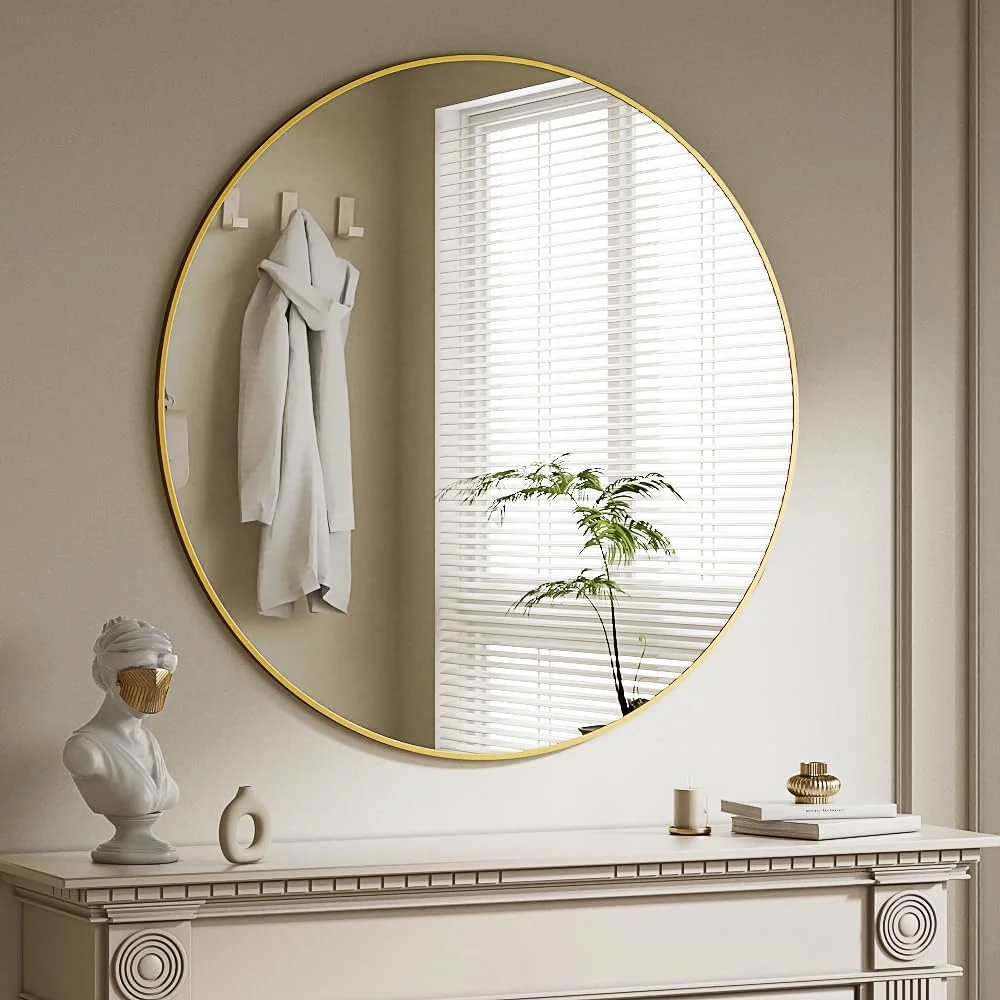 آینه گرد 90 سانتی متری BEAUTYPEAK، آینه دیواری ضد شکست با قاب آلومینیومی، آینه حمام برای آویزان کردن و تکیه دادن، آینه دیواری گرد برای اتاق خواب، حمام، اتاق نشیمن، طلایی