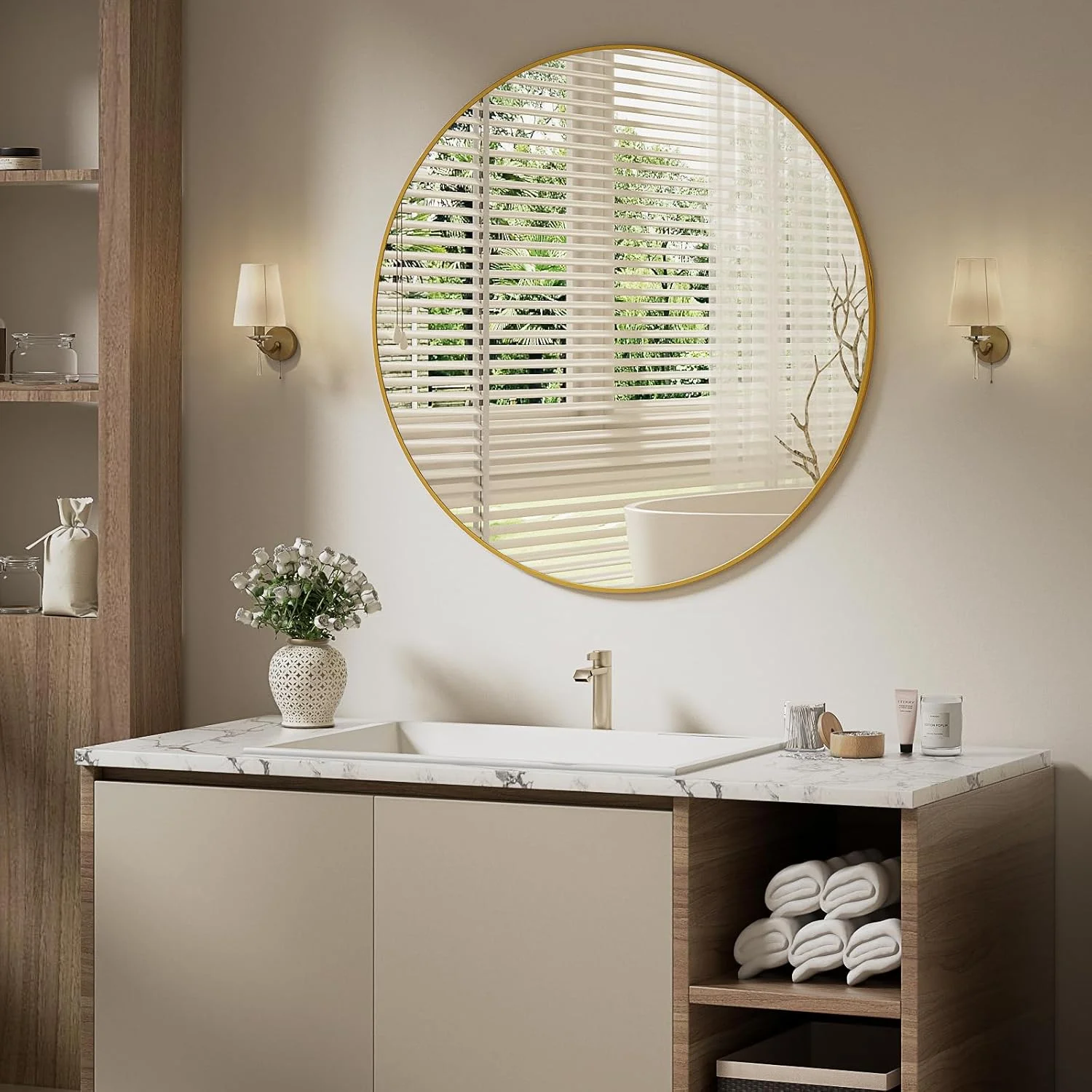 آینه گرد 90 سانتی متری BEAUTYPEAK، آینه دیواری ضد شکست با قاب آلومینیومی، آینه حمام برای آویزان کردن و تکیه دادن، آینه دیواری گرد برای اتاق خواب، حمام، اتاق نشیمن، طلایی