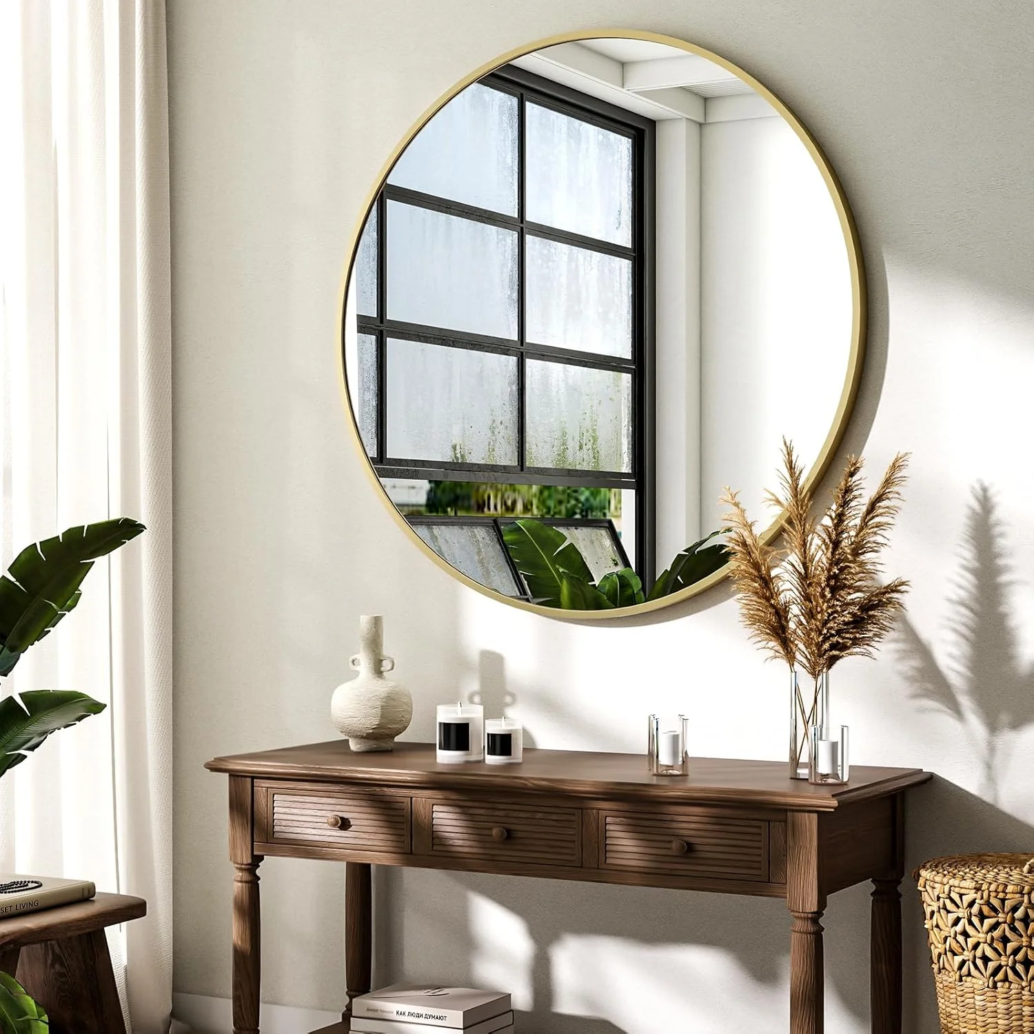 آینه گرد 90 سانتی متری BEAUTYPEAK، آینه دیواری ضد شکست با قاب آلومینیومی، آینه حمام برای آویزان کردن و تکیه دادن، آینه دیواری گرد برای اتاق خواب، حمام، اتاق نشیمن، طلایی