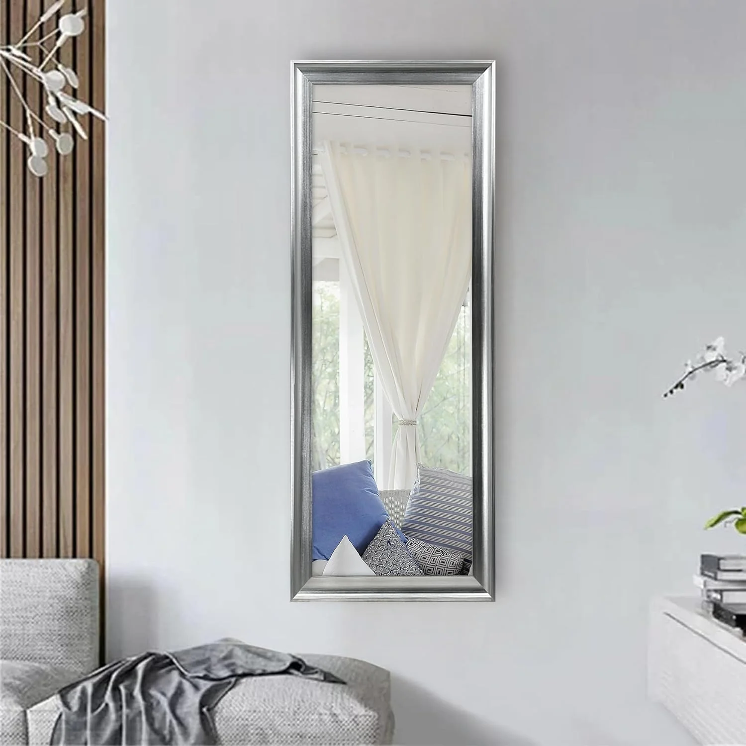 آینه دیواری عمودی DECORHILLS با PVC مناسب آرایش، اتاق خواب، حمام، دکوراسیون اتاق نشیمن، رنگ فویل نقره ای، 36x66 سانتی متر