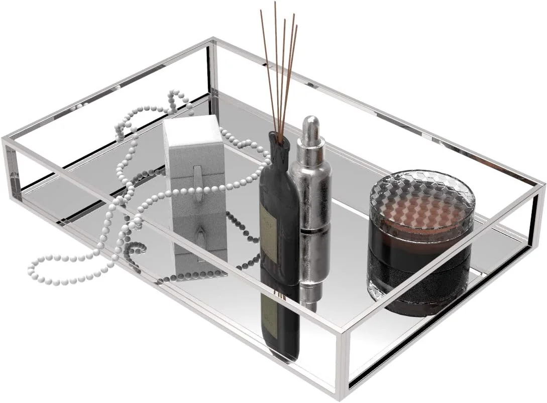 سینی تزئینی آکریلیک Cq، سینی آینه ای نقره ای برای جواهرات، سینی روشویی حمام، سازمان دهنده سینی جواهرات، سینی آرایش برای روشویی و میز آرایش، بسته 1 عددی