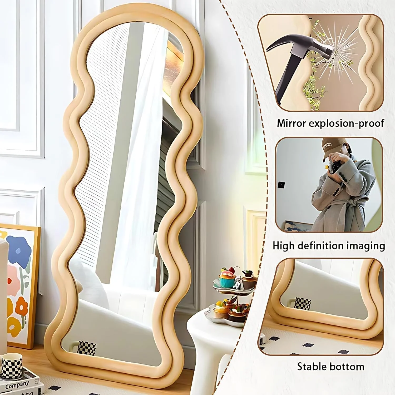 آینه قدی DECORHILLS، طراحی مدرن موجی دولایه – قاب پارچه مخملی، پایه تاشو، قابلیت نصب روی دیوار و نمایش روی زمین برای اتاق خواب، اتاق نشیمن و اتاق پرو – بژ (60x160 سانتی متر)