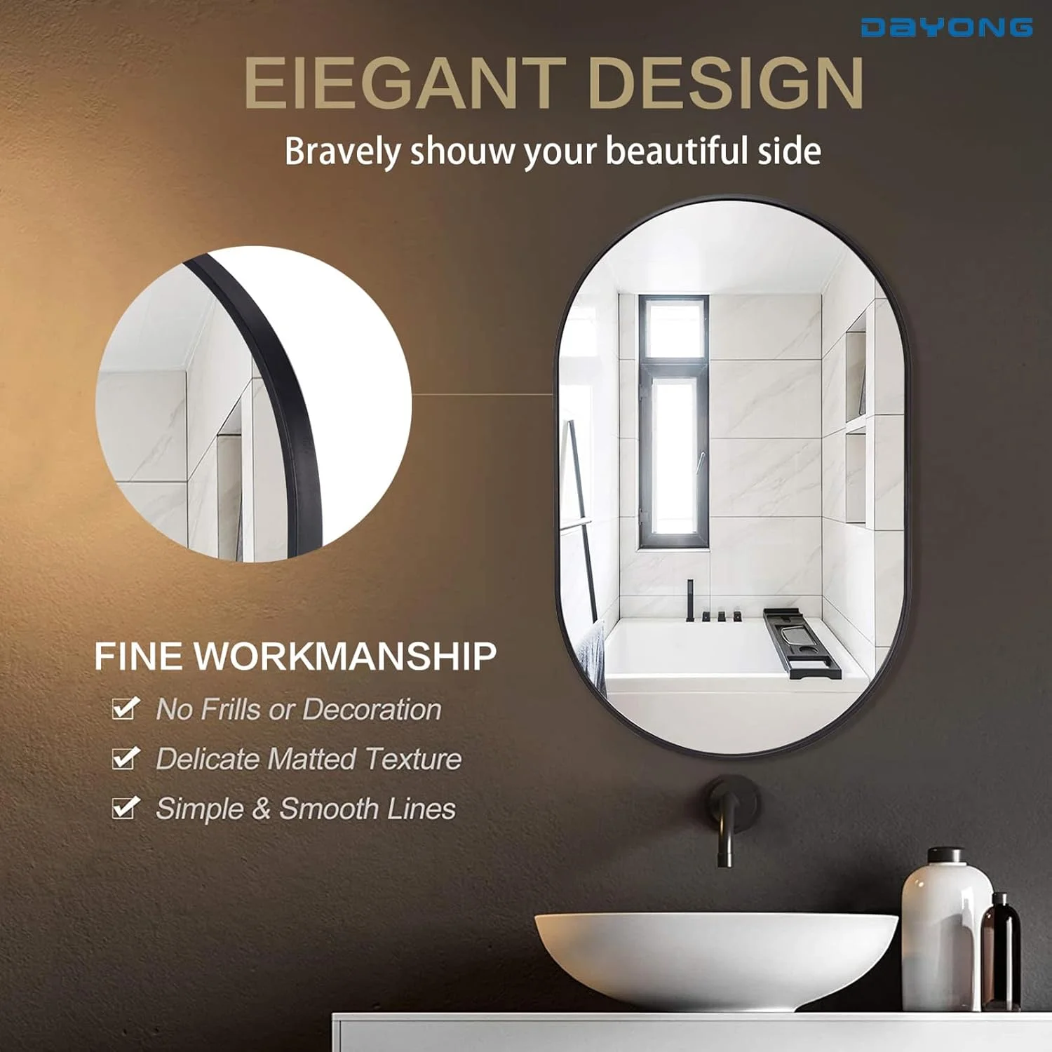 آینه بیضی شکل DAYONG برای حمام، 91x61 سانتی متر، قاب آلیاژ آلومینیوم، آینه تزئینی HD دیواری برای حمام، دستشویی، اتاق خواب، ورودی