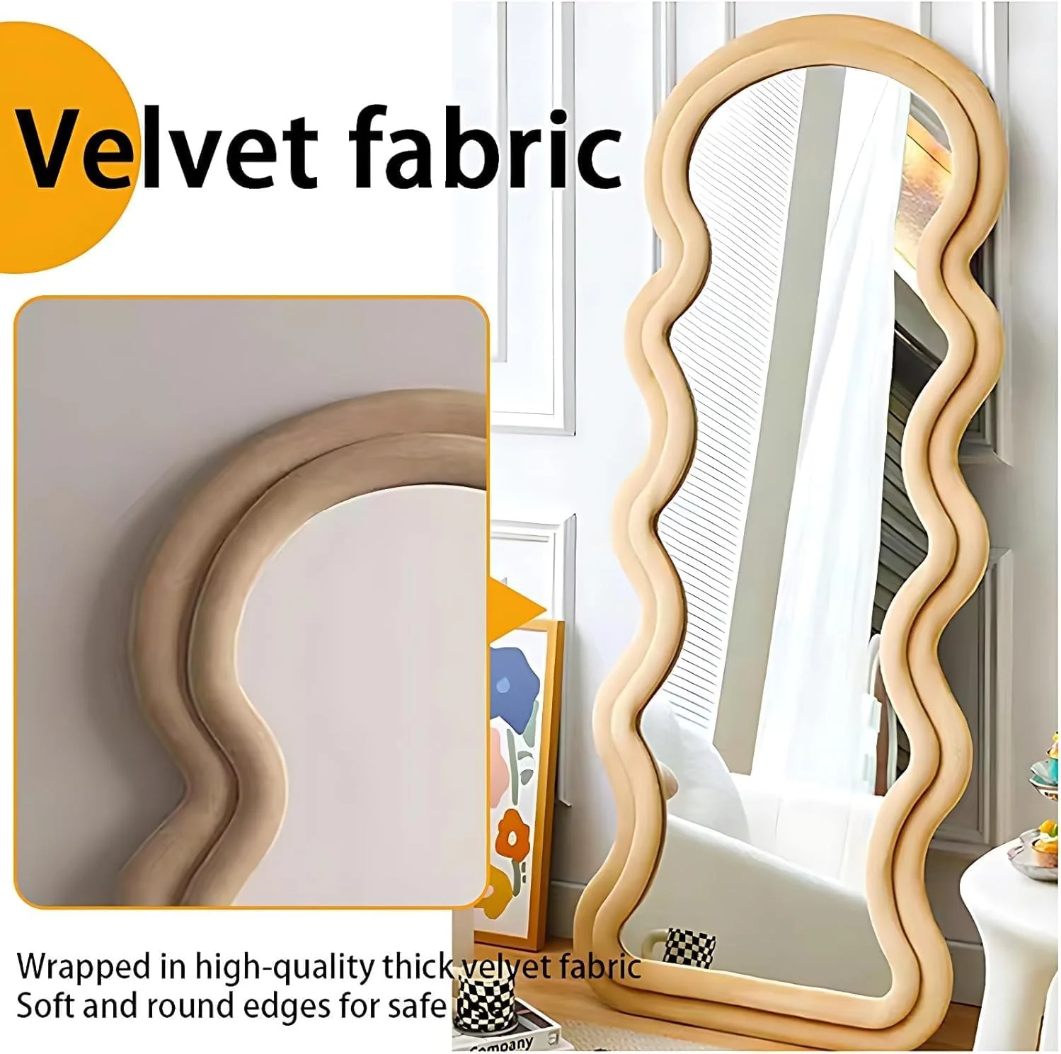 آینه قدی DECORHILLS، طراحی مدرن موجی دولایه – قاب پارچه مخملی، پایه تاشو، قابلیت نصب روی دیوار و نمایش روی زمین برای اتاق خواب، اتاق نشیمن و اتاق پرو – بژ (60x160 سانتی متر)