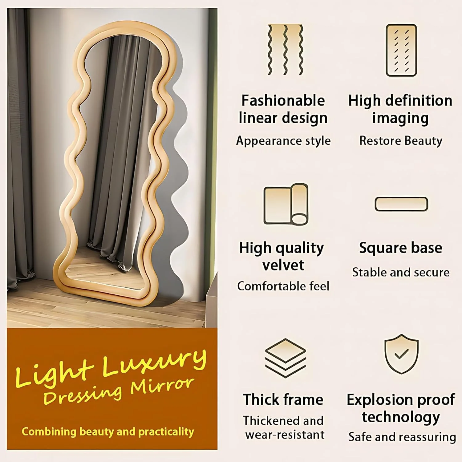 آینه قدی DECORHILLS، طراحی مدرن موجی دولایه – قاب پارچه مخملی، پایه تاشو، قابلیت نصب روی دیوار و نمایش روی زمین برای اتاق خواب، اتاق نشیمن و اتاق پرو – بژ (60x160 سانتی متر)