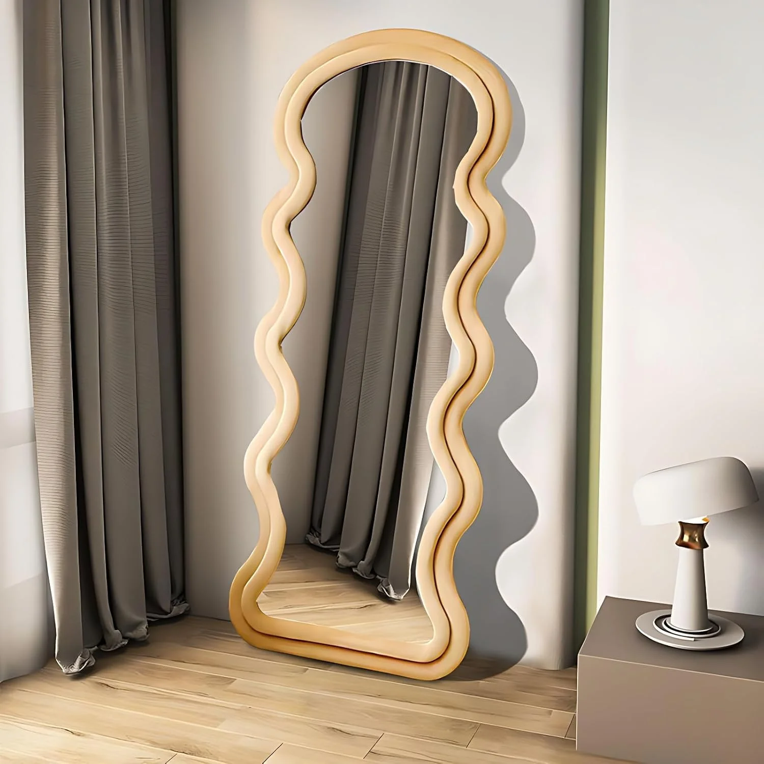 آینه قدی DECORHILLS، طراحی مدرن موجی دولایه – قاب پارچه مخملی، پایه تاشو، قابلیت نصب روی دیوار و نمایش روی زمین برای اتاق خواب، اتاق نشیمن و اتاق پرو – بژ (60x160 سانتی متر)