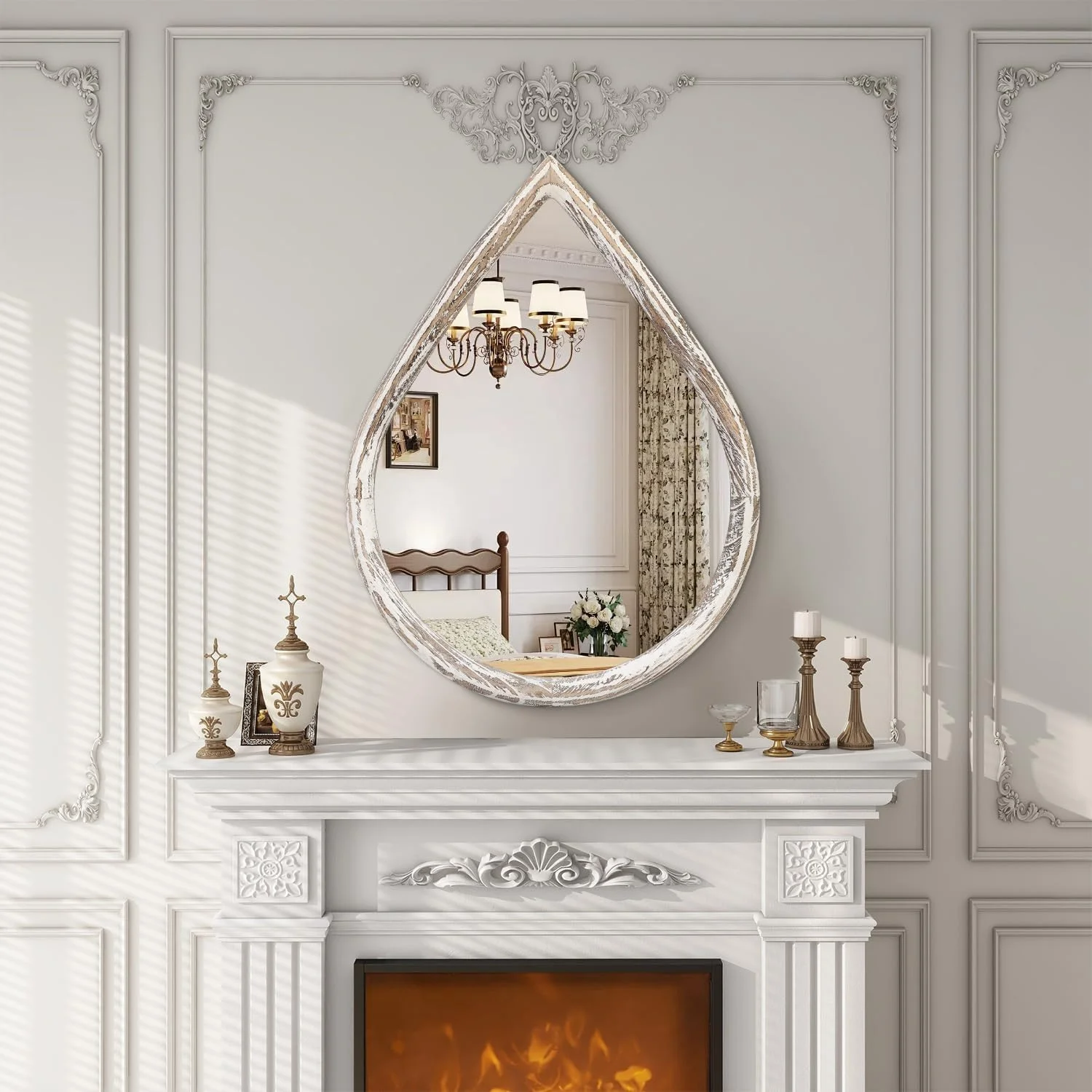 آینه اشکی با قاب چوبی، روستایی و سفید رنگ، مناسب برای آویزان کردن روی دیوار، آینه تزئینی بزرگ برای اتاق نشیمن، حمام، ورودی، 65x45 سانتی متر آینه اشکی با قاب چوبی، روستایی و سفید رنگ، مناسب برای آویزان کردن روی دیوار، آینه تزئینی بزرگ برای اتاق نشیمن، حمام، ورودی، 65x45 سانتی متر