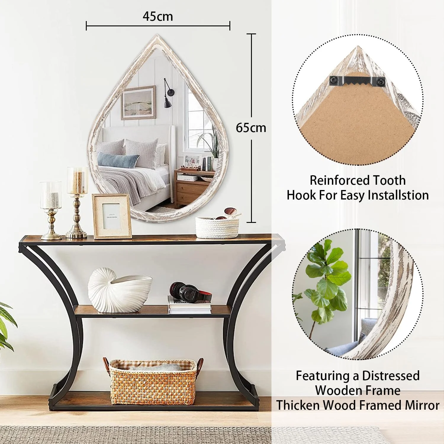 آینه اشکی با قاب چوبی، روستایی و سفید رنگ، مناسب برای آویزان کردن روی دیوار، آینه تزئینی بزرگ برای اتاق نشیمن، حمام، ورودی، 65x45 سانتی متر آینه اشکی با قاب چوبی، روستایی و سفید رنگ، مناسب برای آویزان کردن روی دیوار، آینه تزئینی بزرگ برای اتاق نشیمن، حمام، ورودی، 65x45 سانتی متر