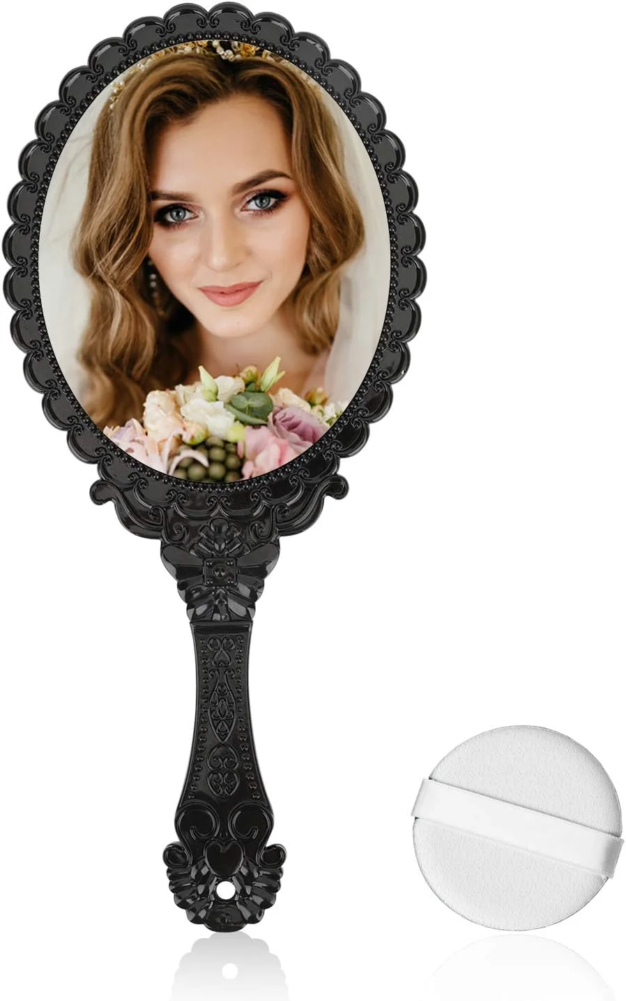 آینه دستی با دسته، آینه های آرایشی کوچک قابل حمل، آینه های دستی کوچک قدیمی، آینه های کوچک جیبی برای دختران با طرح گل برجسته (مشکی)