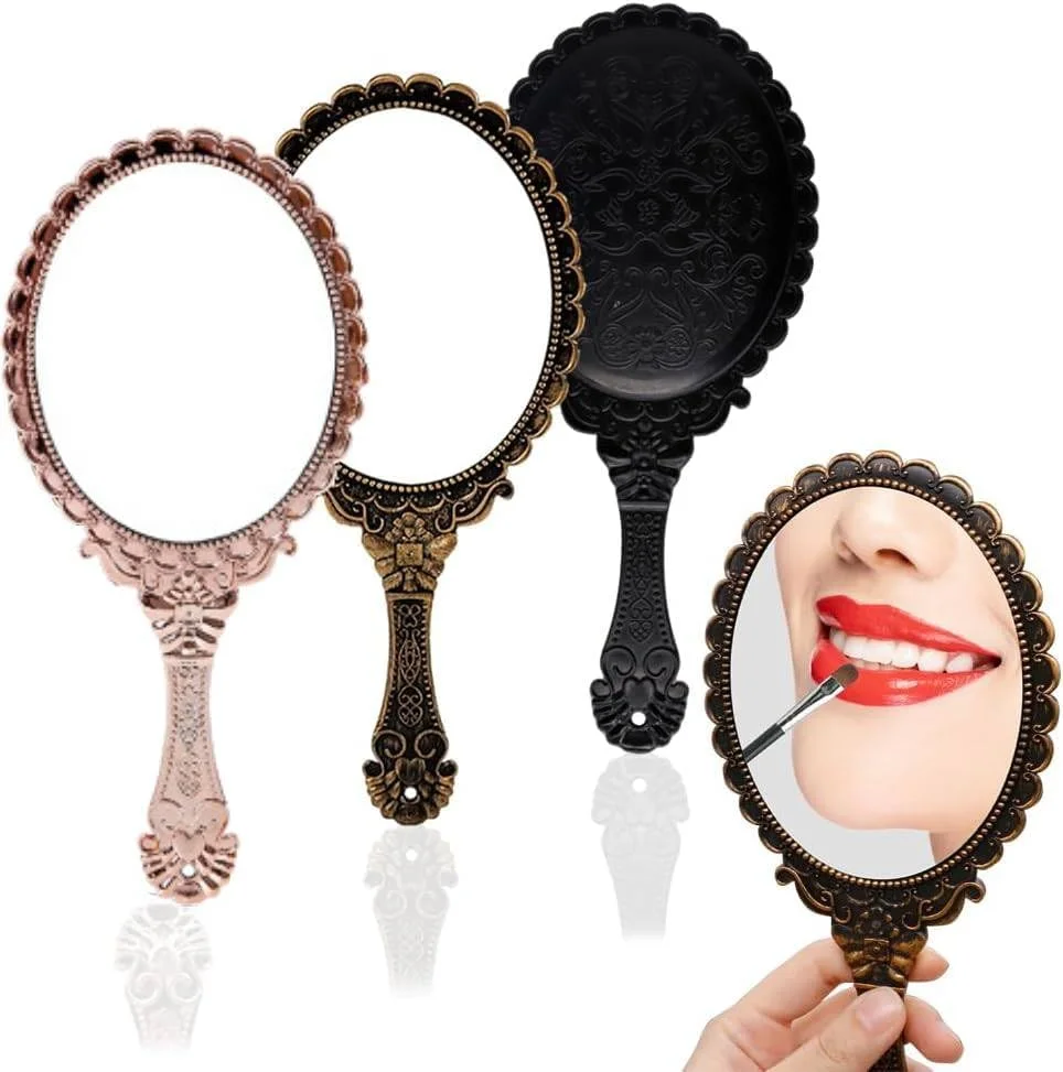 آینه دستی 3 عددی، آینه گلدار برجسته با دسته، آینه آرایشی قابل حمل برای دفتر و مسافرت