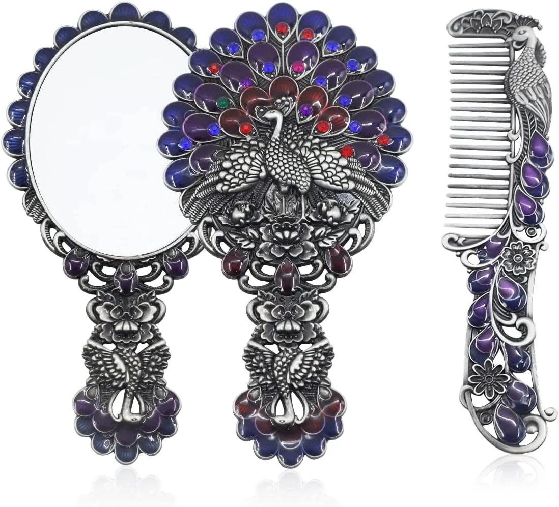 ست آینه دستی و شانه عتیقه HASTHIP® با طرح طاووس برجسته، آینه آرایشی فلزی تزئینی و شانه برای دختران و زنان - همراه با جعبه هدیه