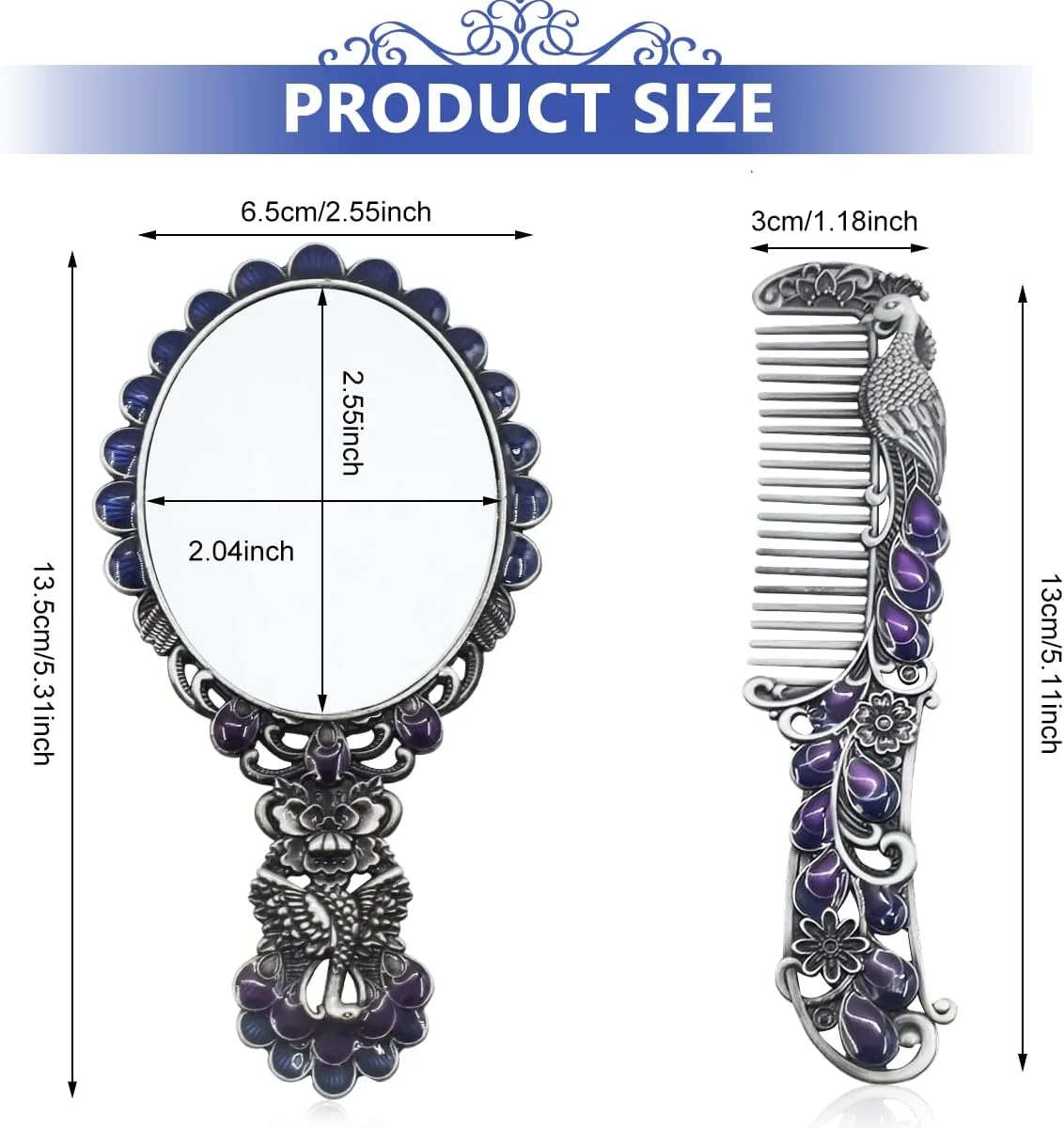 ست آینه دستی و شانه عتیقه HASTHIP® با طرح طاووس برجسته، آینه آرایشی فلزی تزئینی و شانه برای دختران و زنان - همراه با جعبه هدیه