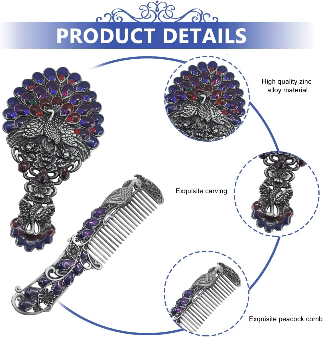 ست آینه دستی و شانه عتیقه HASTHIP® با طرح طاووس برجسته، آینه آرایشی فلزی تزئینی و شانه برای دختران و زنان - همراه با جعبه هدیه