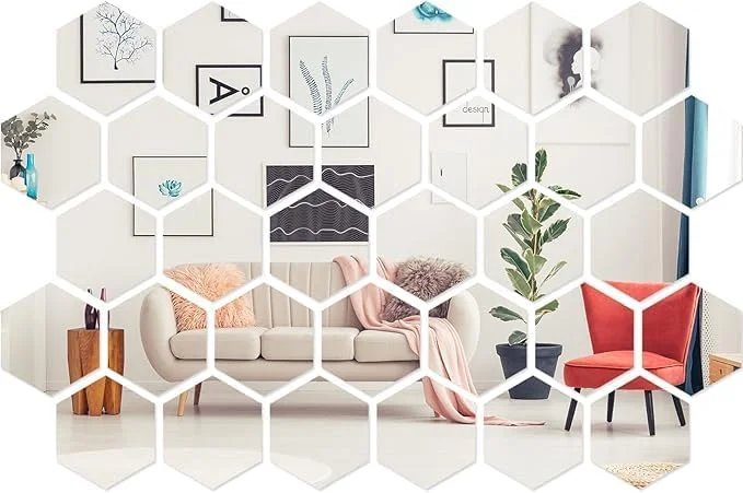 ۳۱ عدد استیکر آینه ای شش ضلعی، آینه های دیواری اکریلیک خود چسب ۴.۳۳ اینچ در ۴.۹۶ اینچ برای اهداف تزئینی، کاشی های آینه ای جدا شده و چسبانده شده، آینه های چسبی برای درب دیوار و کابینت های ذخیره سازی