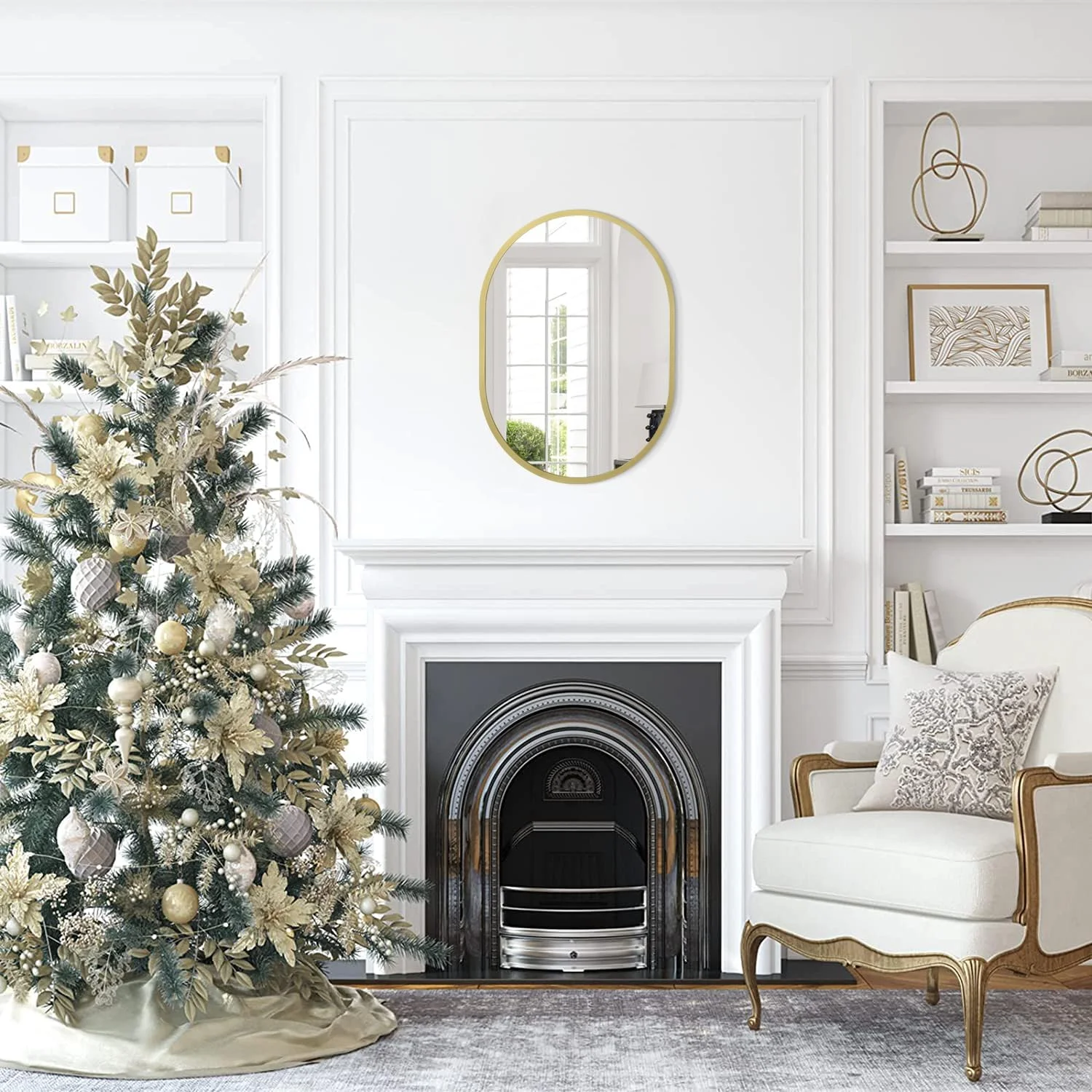 آینه های بیضی قاب فلزی JJUUYOU برای دیوار، آینه های روشویی حمام، تزئینی برای اتاق نشیمن، اتاق خواب، ورودی راهروها، افقی و عمودی 30x40 سانتی متر، آینه های آویز طلایی