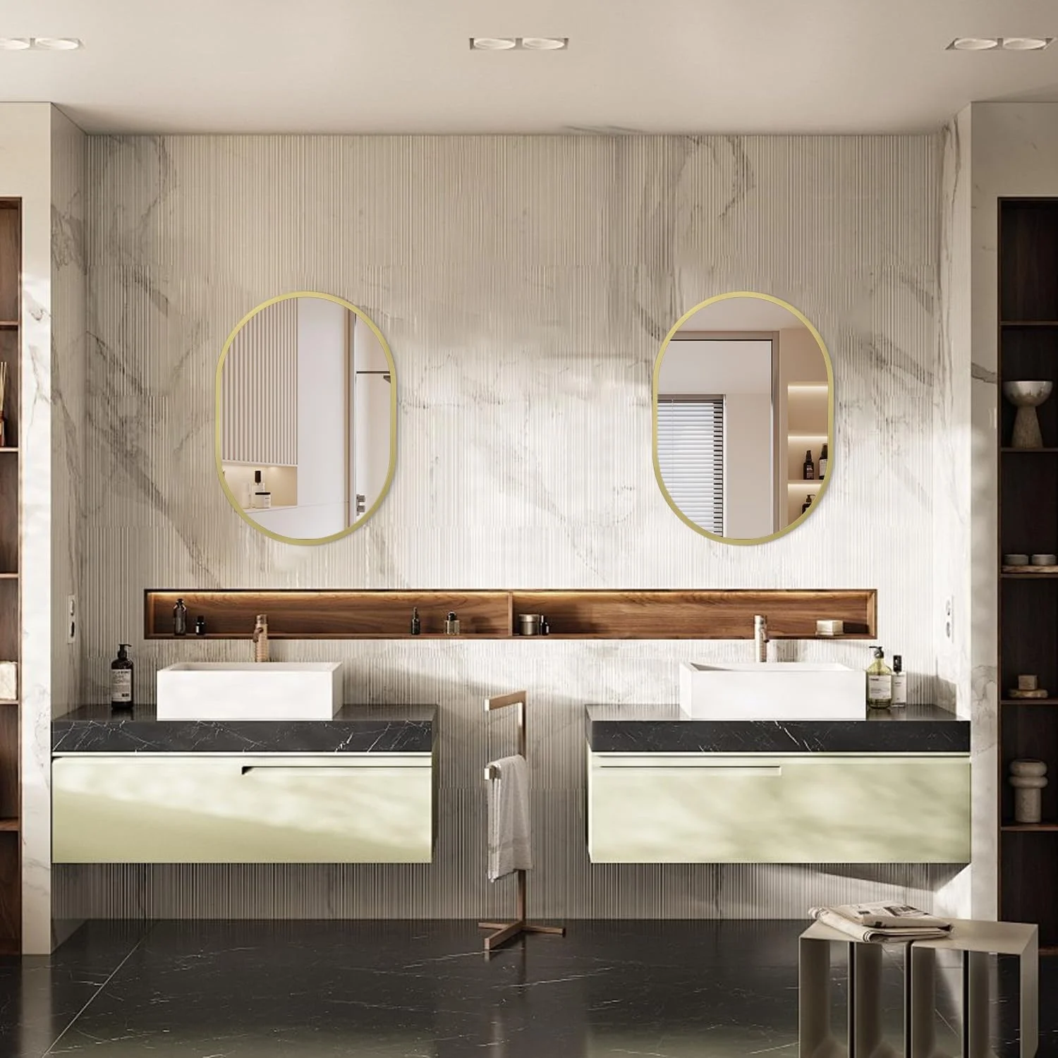 آینه های بیضی قاب فلزی JJUUYOU برای دیوار، آینه های روشویی حمام، تزئینی برای اتاق نشیمن، اتاق خواب، ورودی راهروها، افقی و عمودی 30x40 سانتی متر، آینه های آویز طلایی