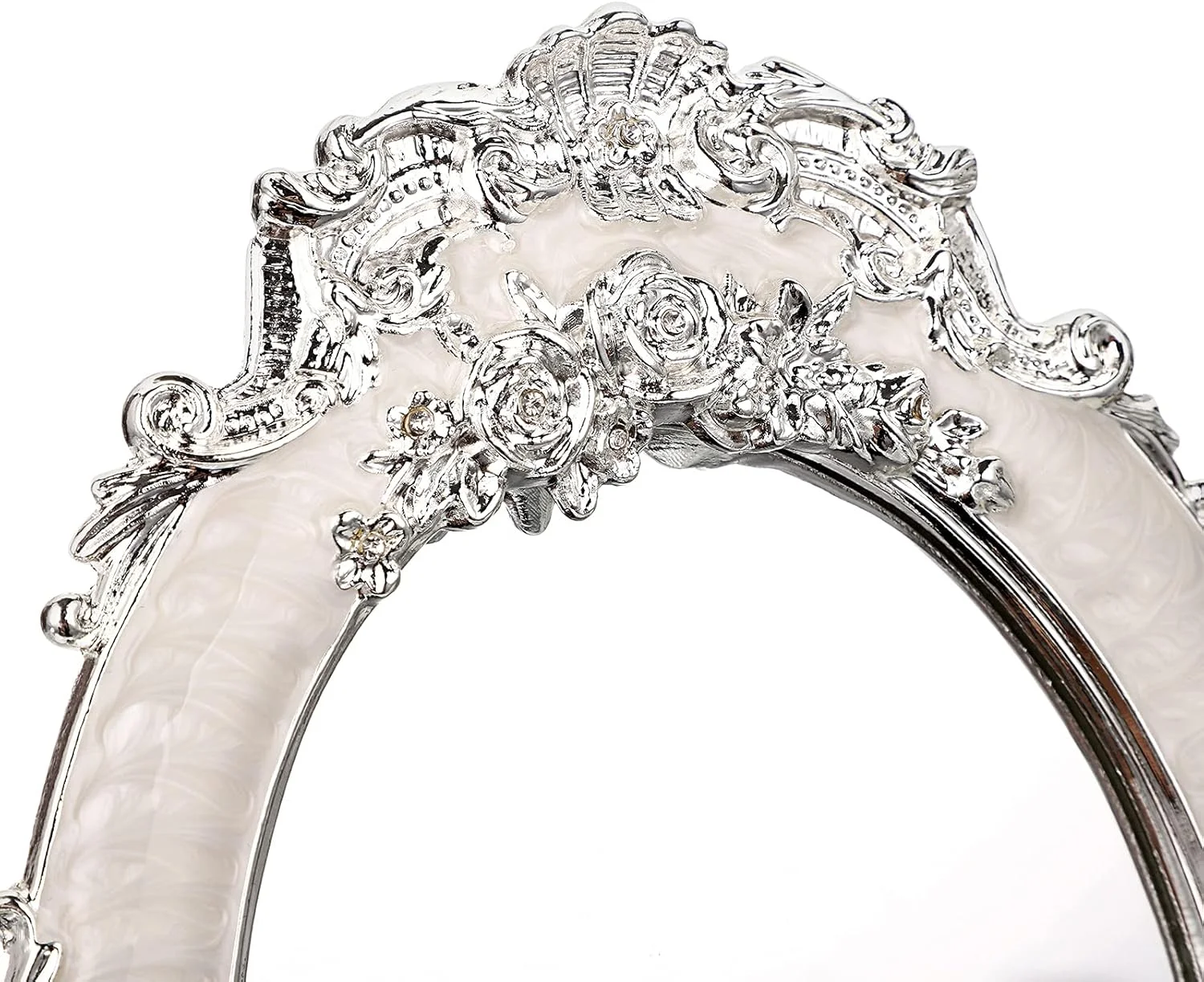 آینه آرایشی رومیزی کوچک JUXYES با پایه فلزی طرح قدیمی، آینه رومیزی با گل های برجسته عتیقه، آینه بیضی شکل تزئینی رترو برای میز