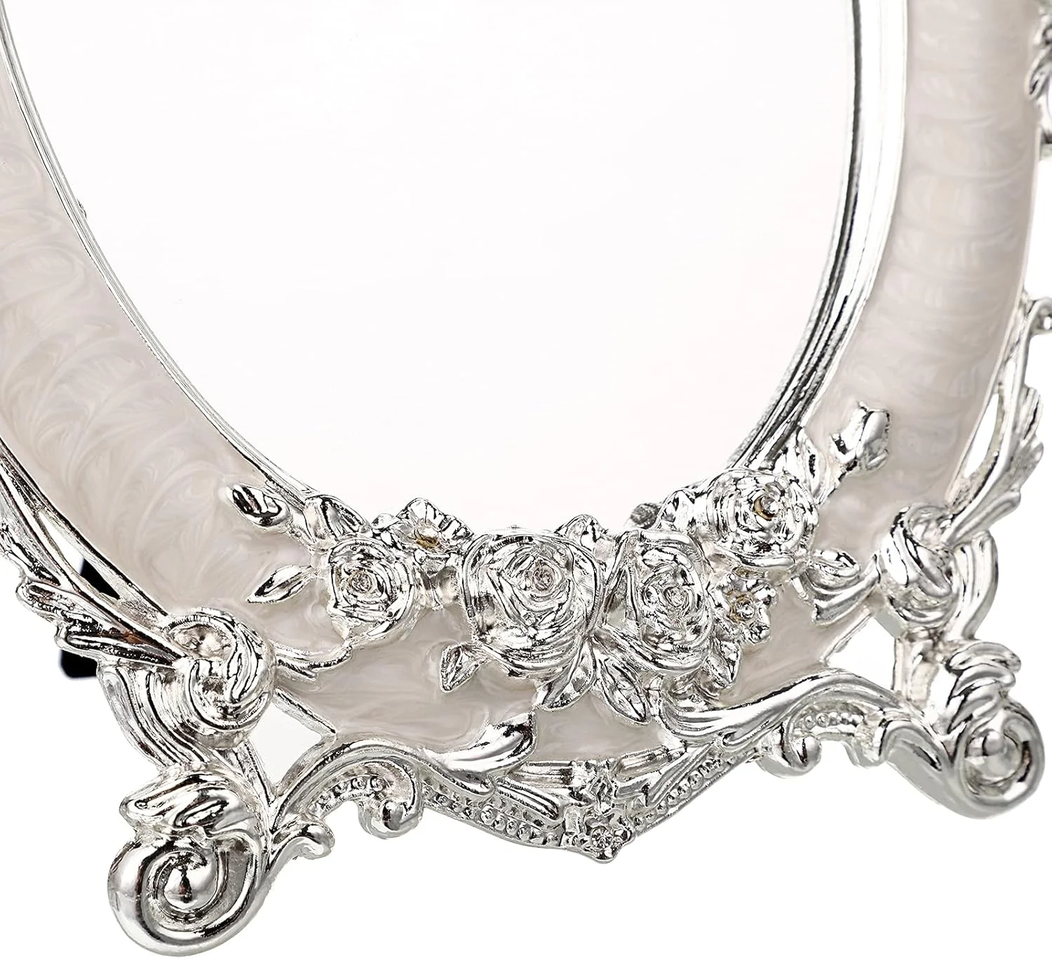 آینه آرایشی رومیزی کوچک JUXYES با پایه فلزی طرح قدیمی، آینه رومیزی با گل های برجسته عتیقه، آینه بیضی شکل تزئینی رترو برای میز