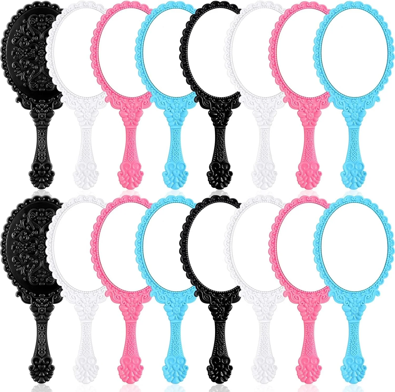 آینه دستی رترو MAKINGTEC، 16 عدد آینه آرایشی بیضی شکل تزئینی با دسته، مناسب برای مسافرت دخترانه (سیاه، سفید، آبی، صورتی)