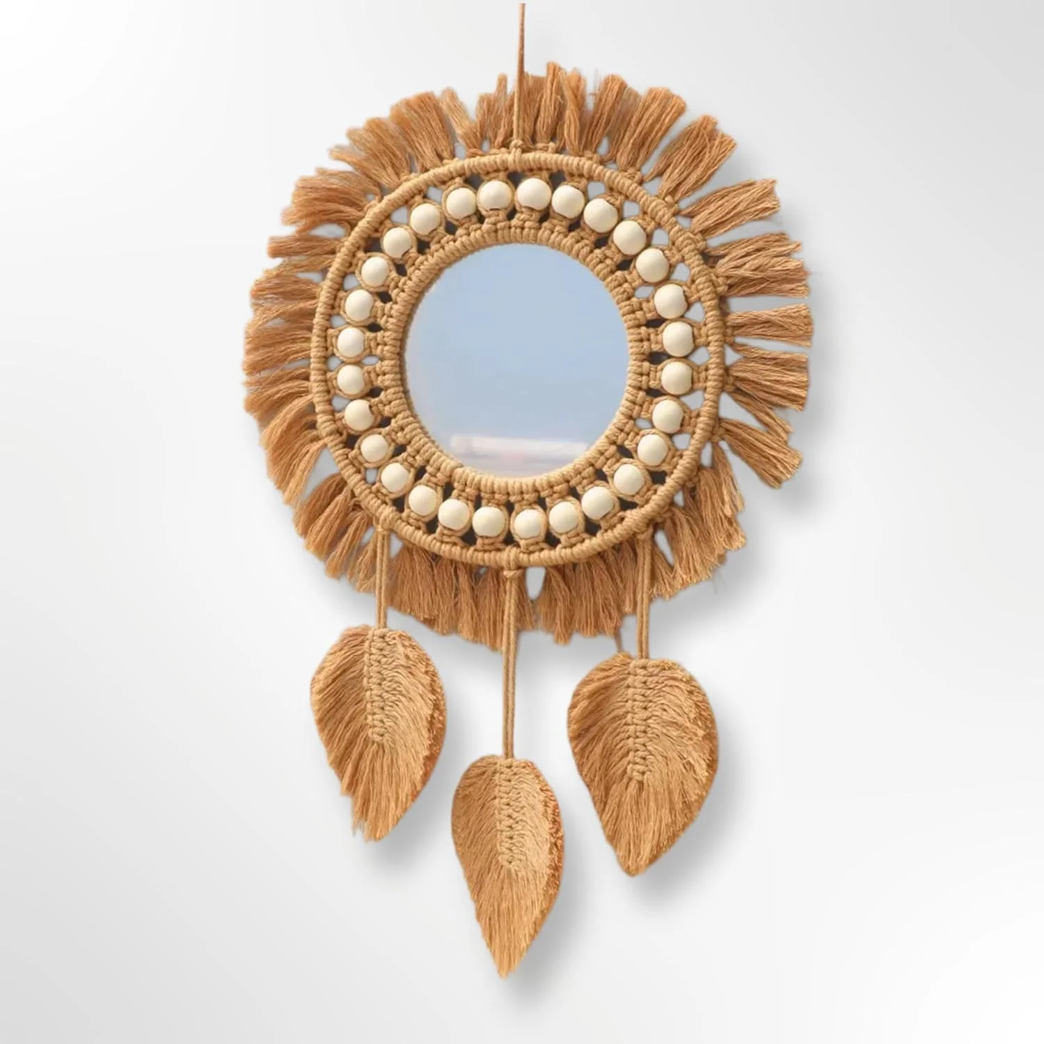 آینه تزئینی گرد با حاشیه مکرومه بافته شده، مهره های چوبی و آویز پر، تزیین هنری دیواری برای آپارتمان، اتاق خواب، اتاق نشیمن آینه تزئینی گرد با حاشیه مکرومه بافته شده، مهره های چوبی و آویز پر، تزیین هنری دیواری برای آپارتمان، اتاق خواب، اتاق نشیمن