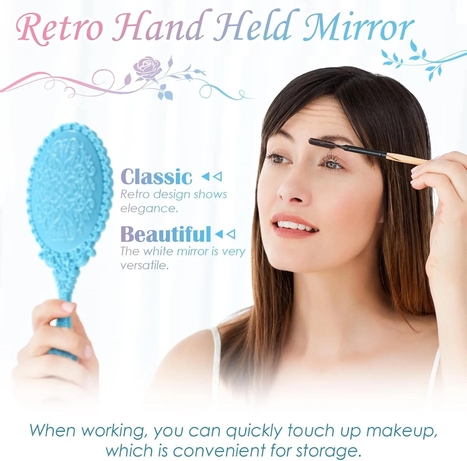 آینه دستی رترو MAKINGTEC، 16 عدد آینه آرایشی بیضی شکل تزئینی با دسته، مناسب برای مسافرت دخترانه (سیاه، سفید، آبی، صورتی)